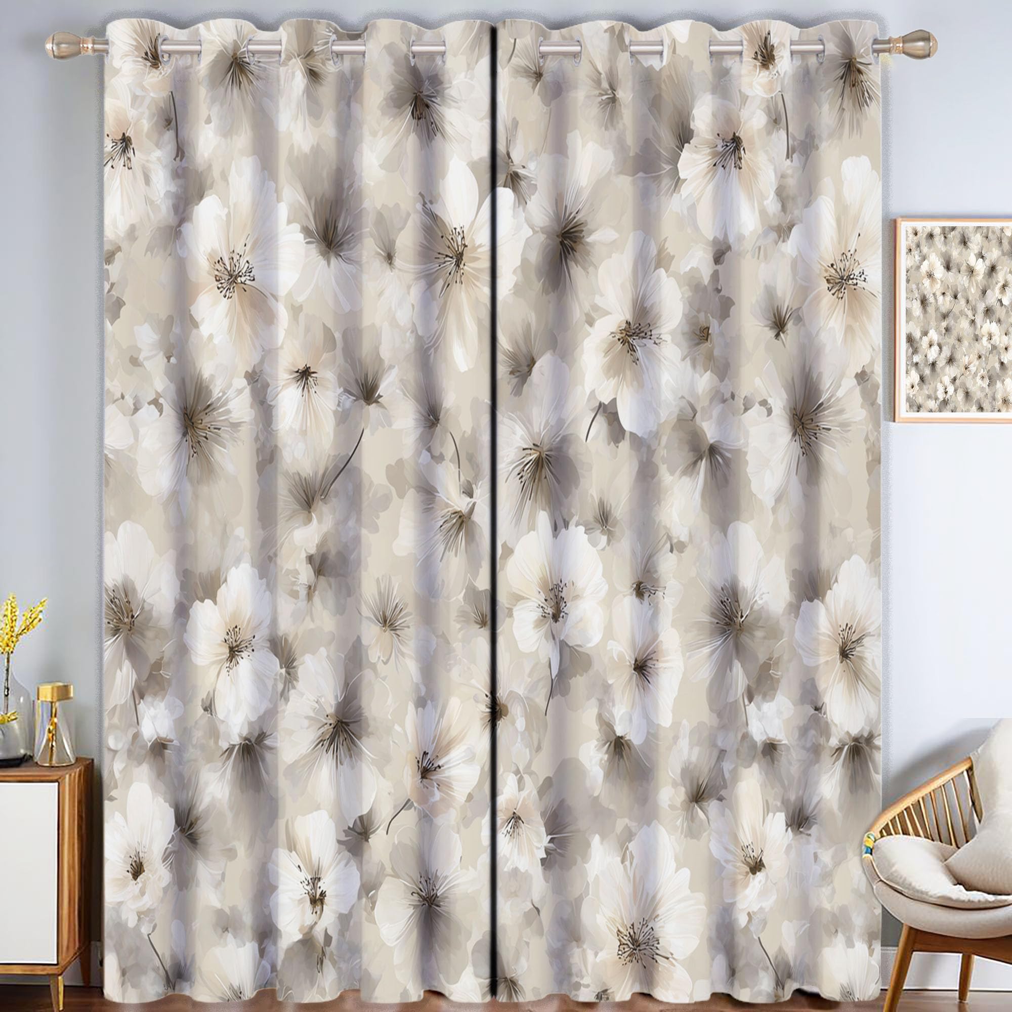 Cortinas Opacas con Estampado Dormitorio, 140×160 CM, con Estampado de Flores Abstractas CaíDas con Ojales, Aislamiento TéRmico Crema, ReduccióN De Ruido, Juego De 2