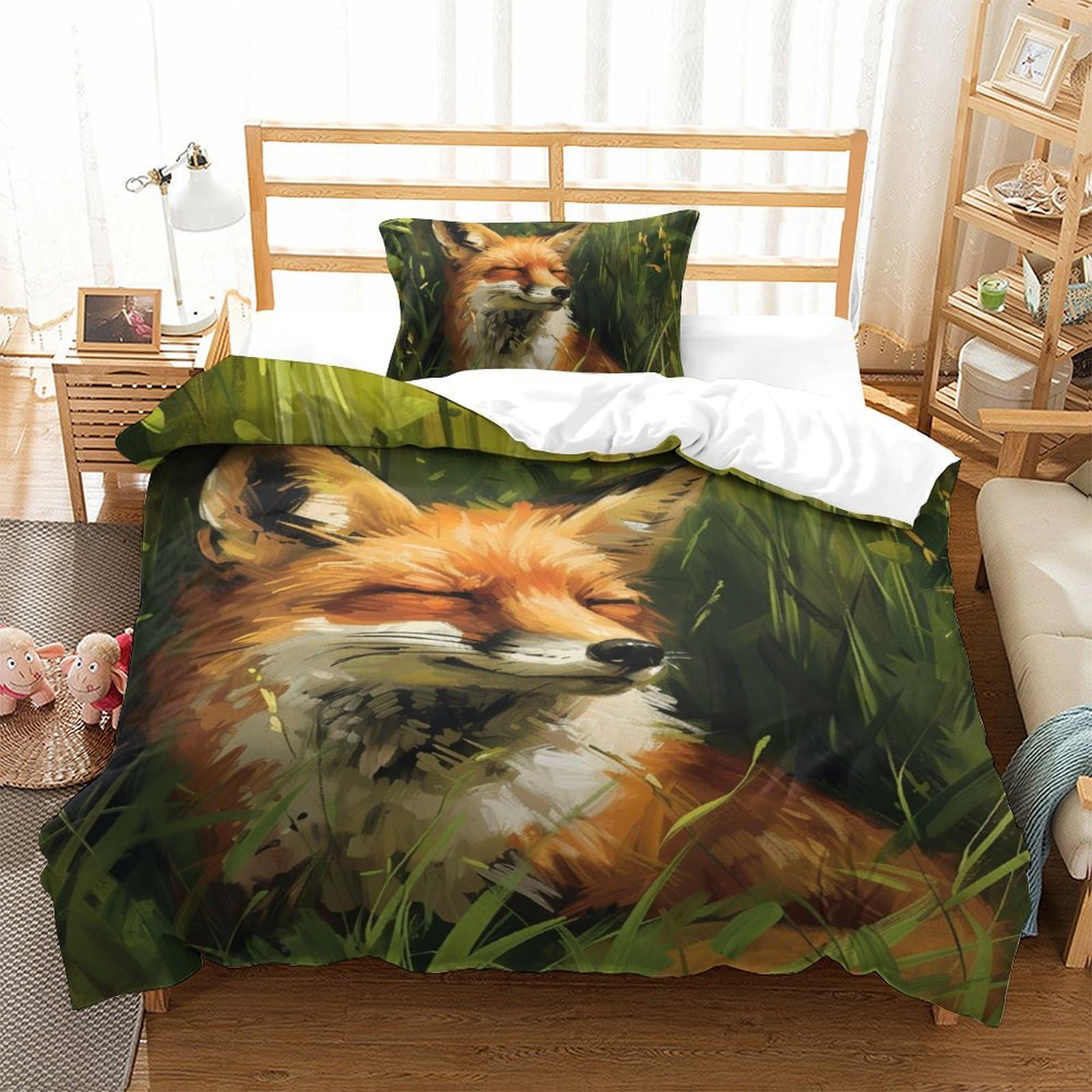 GXYUAOIEF Jungle Fox Duvet Cover 3 PCS Hotel Quality Quilt Cover Bedding Set Bed Covers with Pillowcases with Zipper Closure Ultra Soft Anti Allergic Microfiber Single（135x200cm）