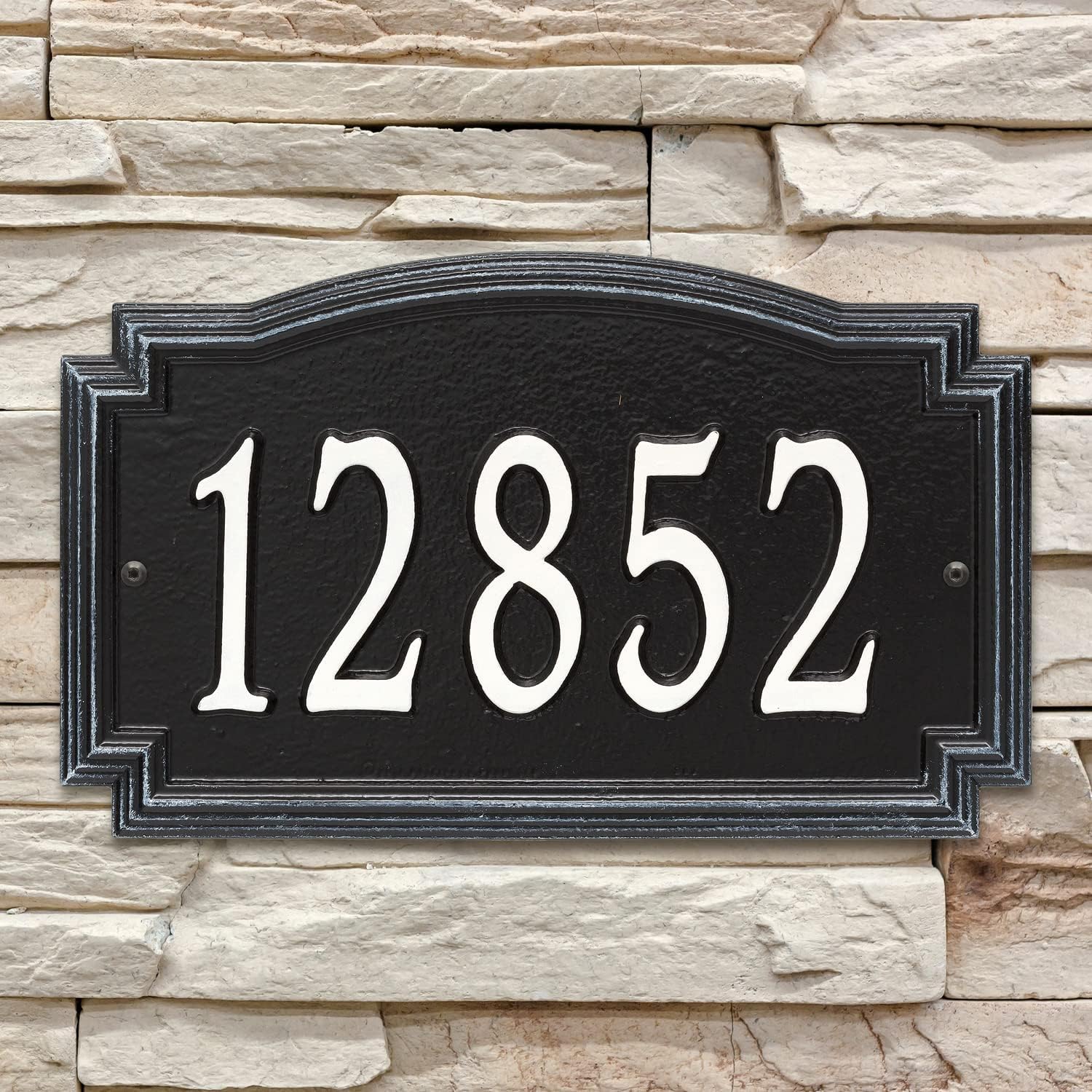 Whitehall Barcelos 3343BW Personalized Cast Metal Address Plaque Custom House Number Sign with One Line in Black and White Color 14 X 8.5