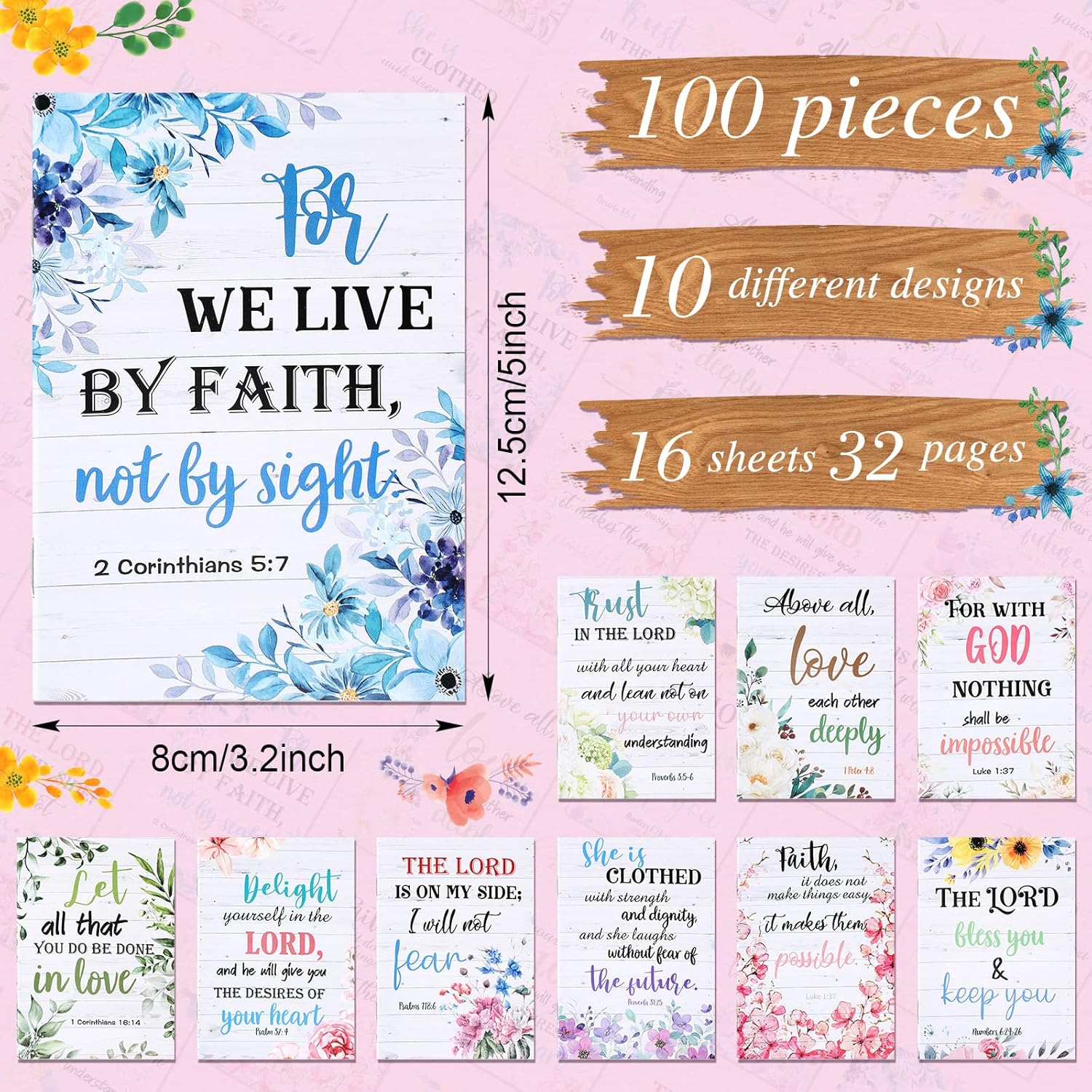 Qeeenar 100 Pcs Mini Floral Bible Verse Notebooks Christian Gift Bible Journal Religious Motivational Notepads Kraft Verse Scripture Mother's Day Gifts for Women Men Office School (Floral)