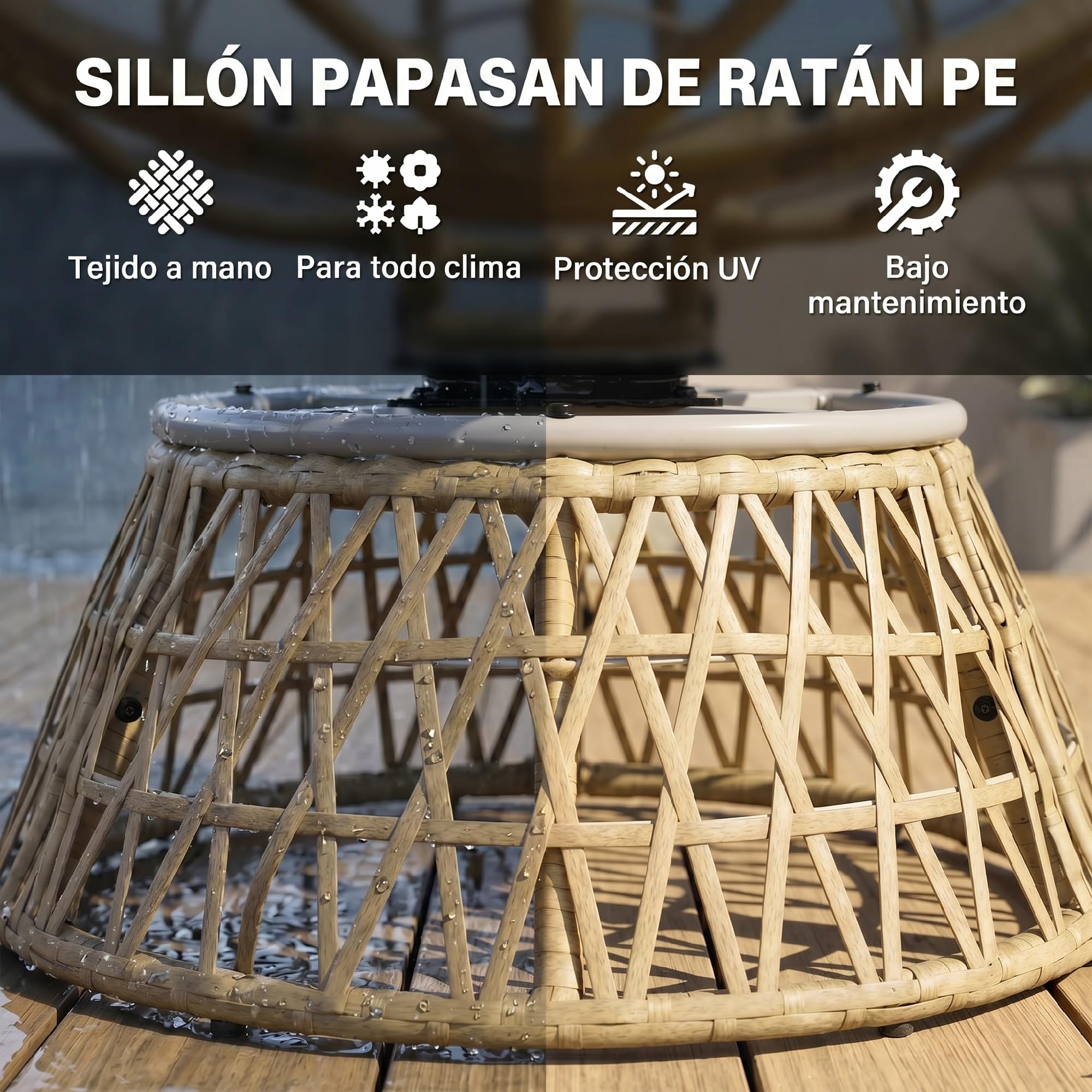 Outsunny Sillón Papasan Giratorio 360° de Ratán Sintético, Silla Redonda de Mimbre PE con Cojín y Marco de Acero, Resistente a Intemperie, Carga 120 kg, para Jardín, Terraza, 85x70x82 cm, Amarillo