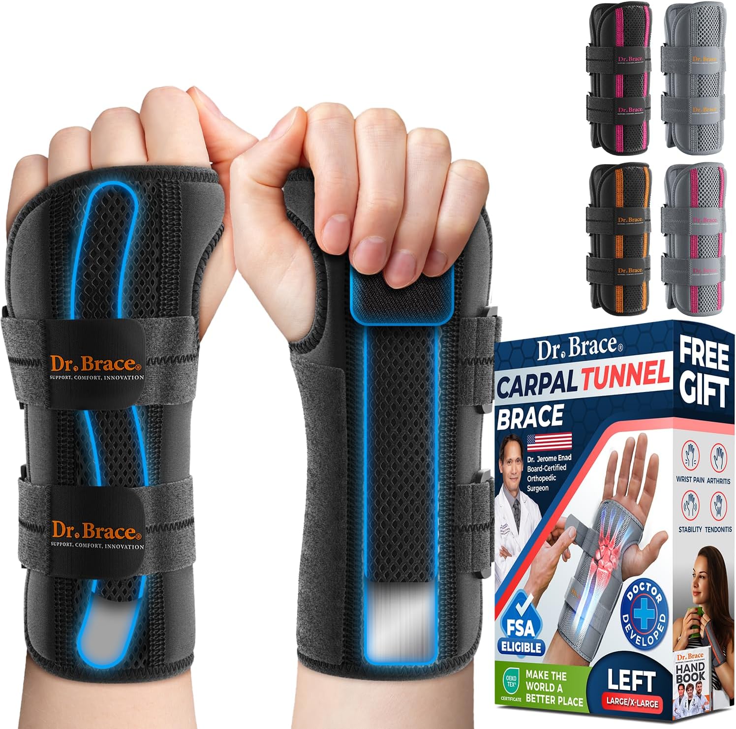 DR. BRACE Adjustable Wrist Brace Night Support for Carpal Tunnel, FSA & HSA Eligible, Doctor Developed, Upgraded with Double Splint & Therapeutic Cushion, Hand Brace For Pain Relief, Injuries, Sprains