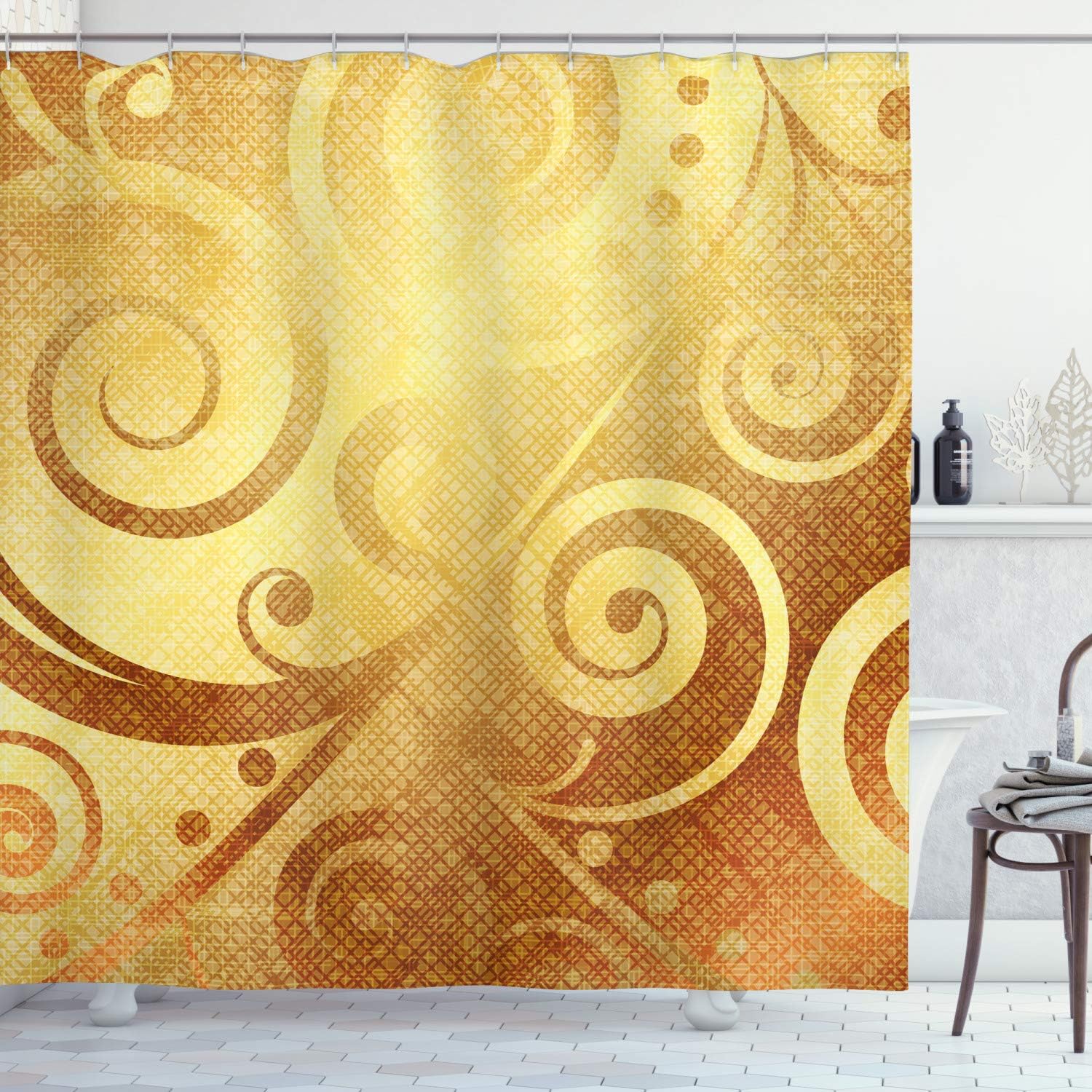 Ambesonne Modern Shower Curtain, Vector Canvas Design Floral Swirls Leaves Spring Nature Inspired Image, Cloth Fabric Bathroom Decor Set with Hooks, 69" W x 70" L, Yellow Gold
