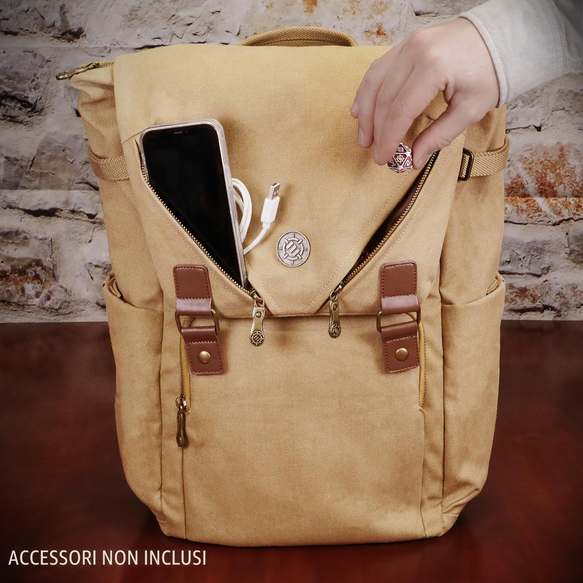 ENHANCE Zaino Venture Canvas DnD - Borsa DM RPG per Dungeons & Dragon con Vassoio per dadi Rimovibile - Borsa da Viaggio per 4-6 Libri, slot per Laptop 17", Schermo DM, Bagagli, Cinghia torace e Mappa
