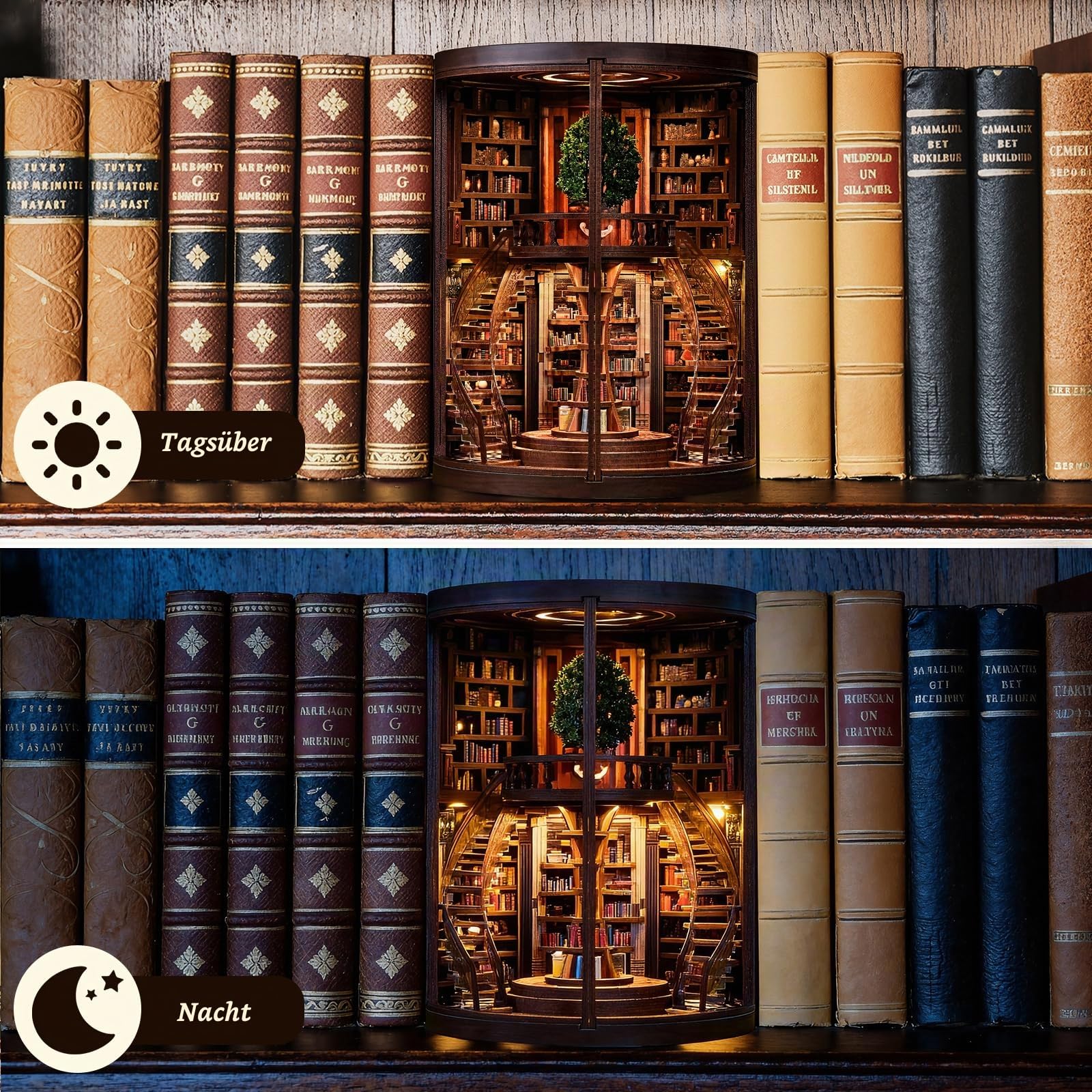 Book Nook Kit Profi DIY Holz Bücherregal Einsatz mit LED Licht – 3D Miniatur Bibliothek mit Doppel-Spiral-Treppe, Anspruchsvolles Holzpuzzle für Erwachsene, Sammler Booknook (Jahresringe der Weisheit)