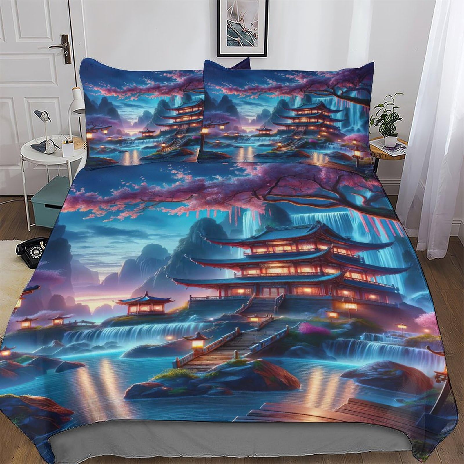 Tranquil Pagoda 3D Printed Duvet Cover Set with Pillowcases Quilt Covers Soft Brushed Microfiber Bedding For Boys, Girls And Teenagers Poly Cotton Comforter Cover Single (135x200cm)