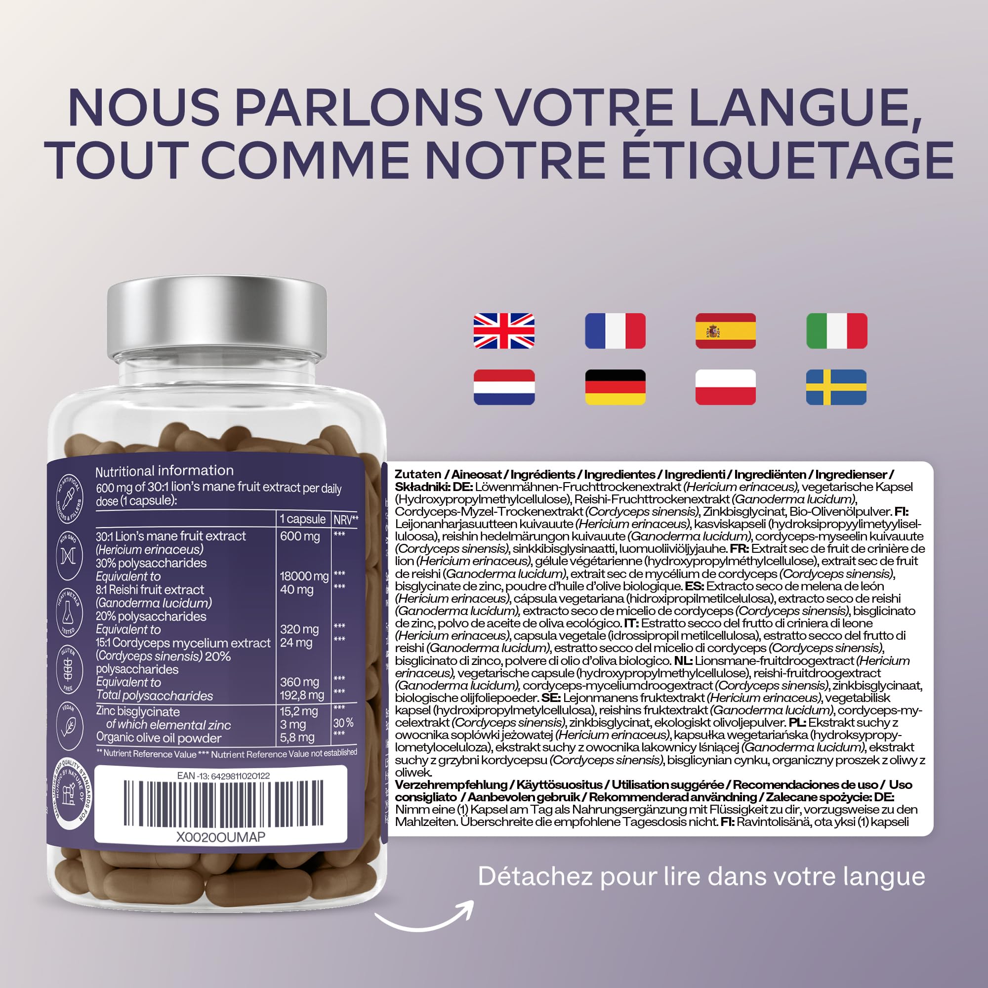 Lions Mane 18000mg 30:1 avec Cordyceps Sinensis, Reishi Ganoderma et Zinc | Criniere de Lion Champignon Hericium Erinaceus Nootropique Puissant Memoire et Concentration Mushroom Complex - 120 Gelules