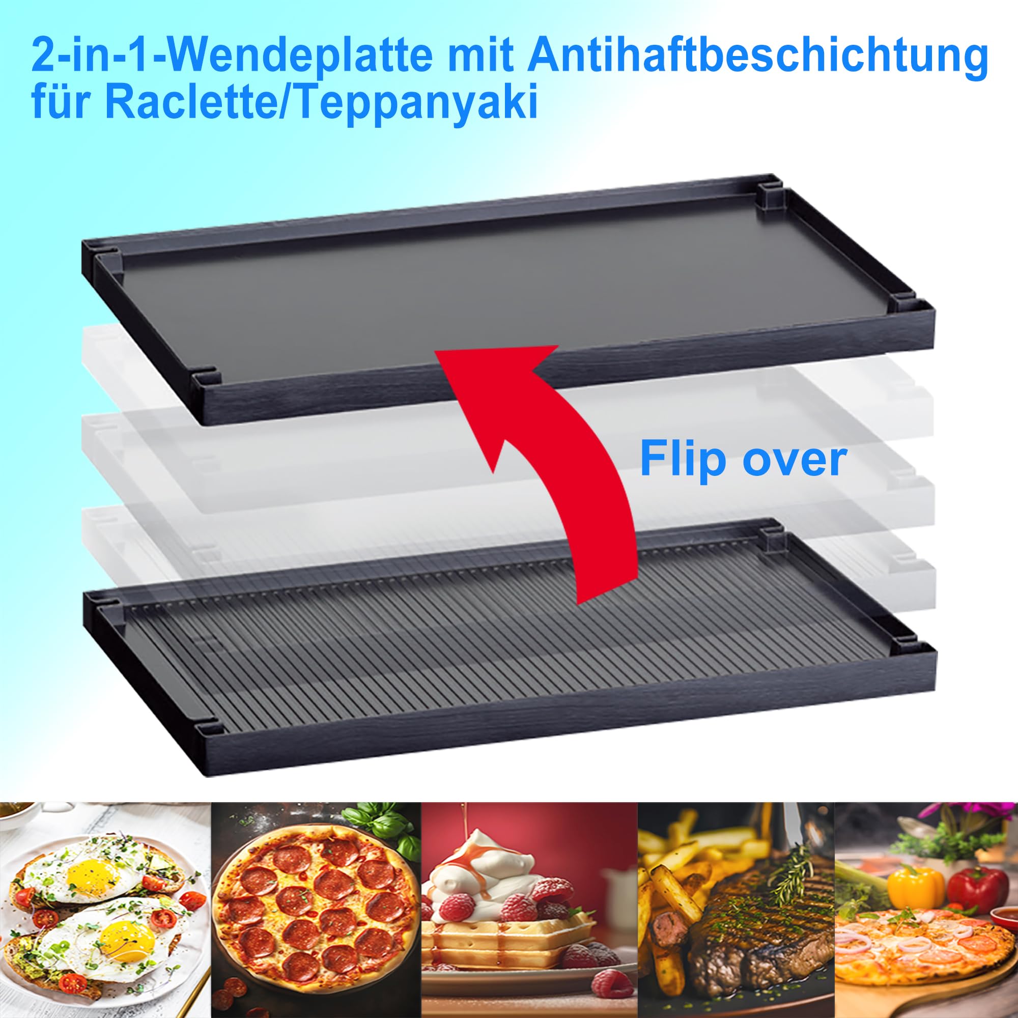 TAMARIT Raclette-Grill 3-in-1, mit Pizza-Funktion, 1500W, für 8 Personen | Elektrischer Tischgrill, Doppelheizung, BPA-freie Antihaftbeschichtung, Temperaturregler, 1500W