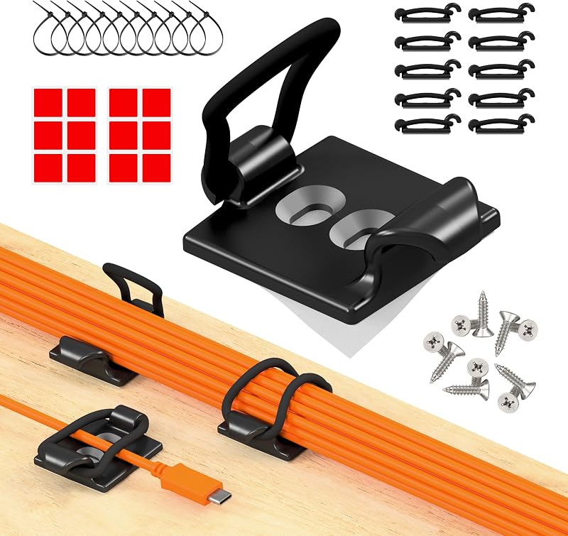 [Made in the UK] 10-Pack Adjustable Elastic Adhesive Cable Clips, Wire Management Holder, Cord Organizer for Home Office, Under Desk, Behind TV, Phone Charger, Laptop, PC, HDMI, USB (Black)