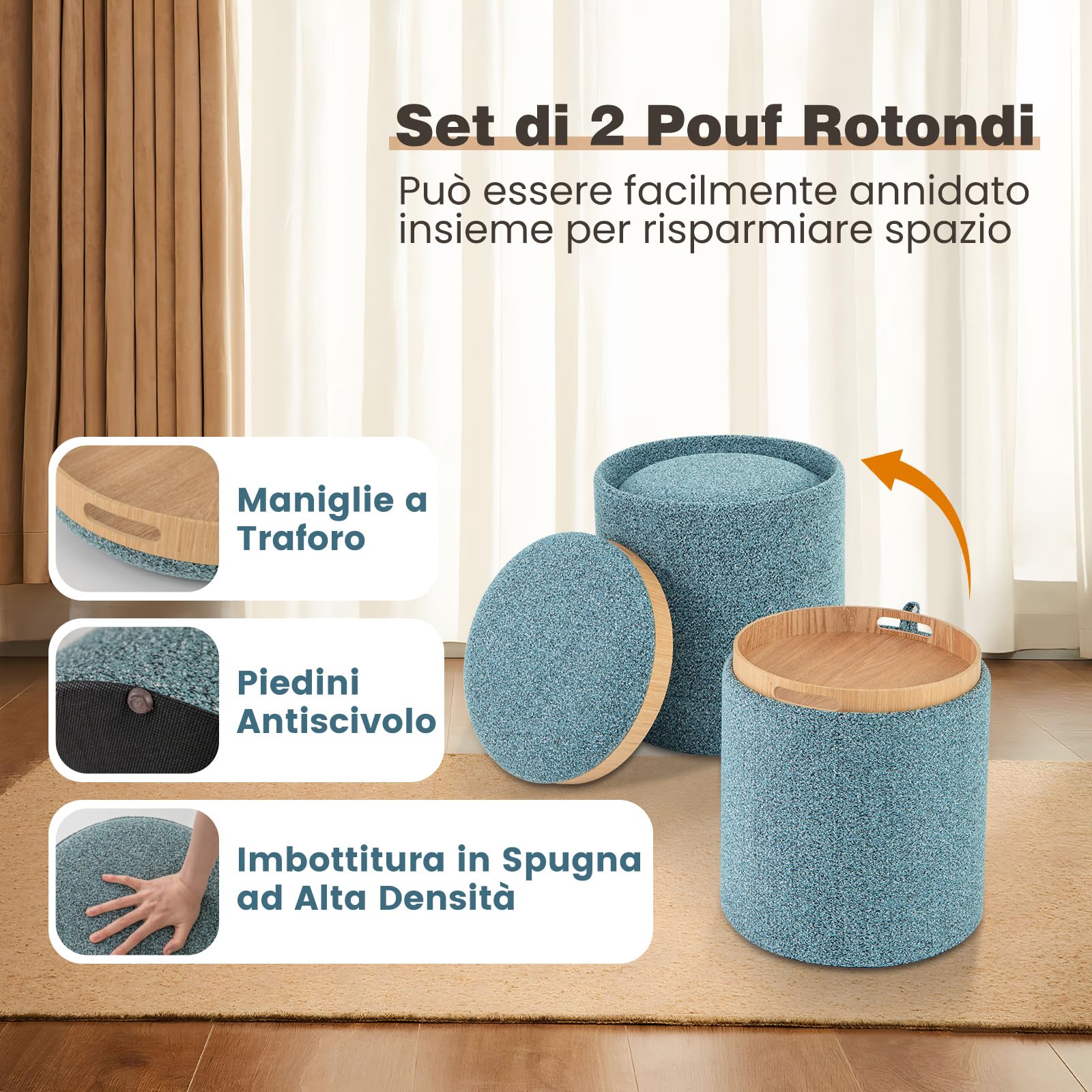 COSTWAY Set di 2 Pouf Contenitore, Pouf Rotondi Imbottiti da 41L+25L, con Vassoio Reversibile, Sgabello Contenitore Multifunzionale per Soggiorno, Camera da Letto, Portata 160 kg