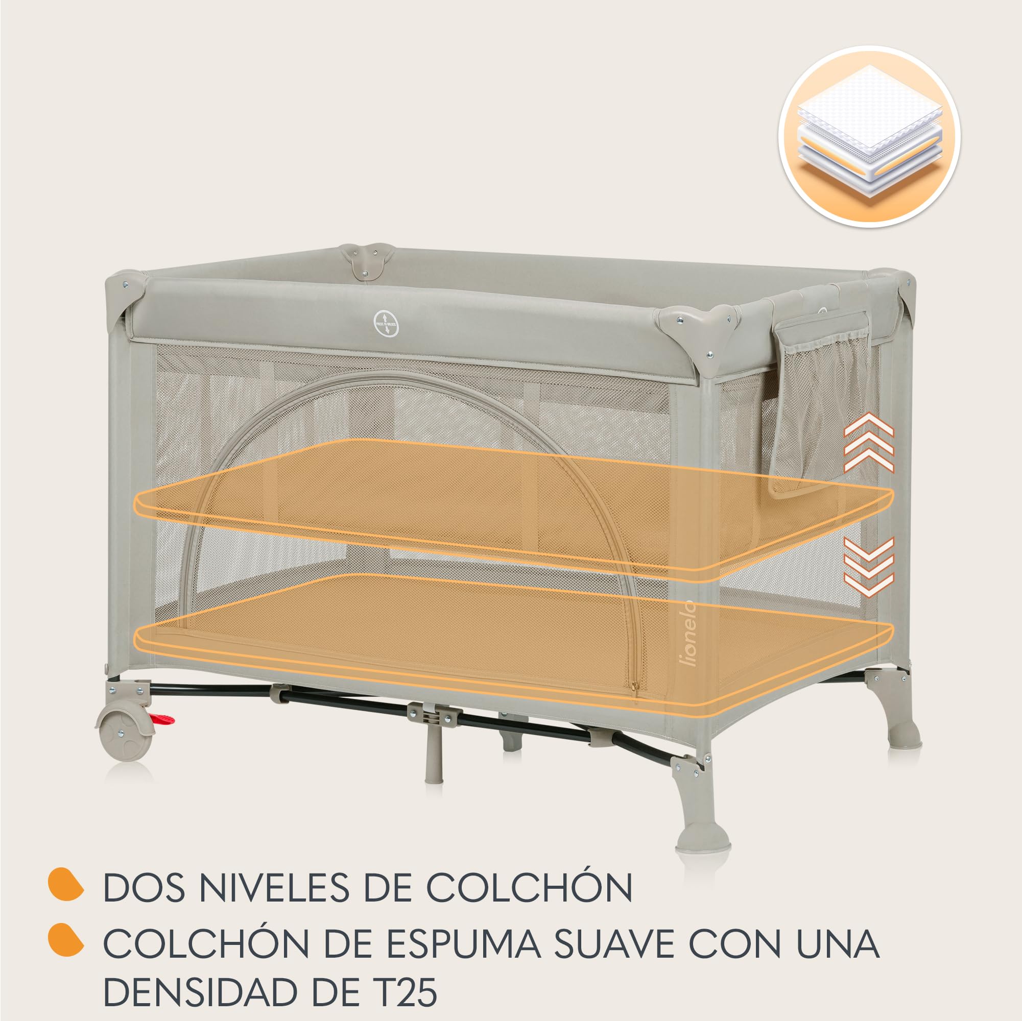 LIONELO LAURA Cuna de Viaje 2 en 1 hasta 15 kg Cuna Parque Bebe de 0 a 36 meses Entrada Lateral Colchón de Espuma T25, 2 Niveles de Altura, Bolsa de Viaje, Ruedas con Freno