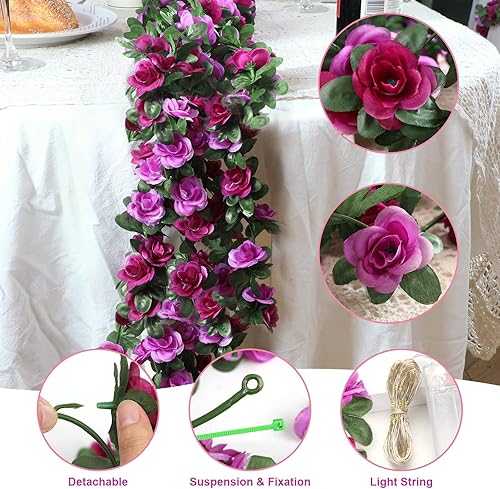 Miniatura 3 de MARTINE MALL Guirnalda de flores, 5 hebras de 41 pies para dormitorio con cadena de 33 pies100 luces LED, guirnalda de flores de rosas, guirnalda