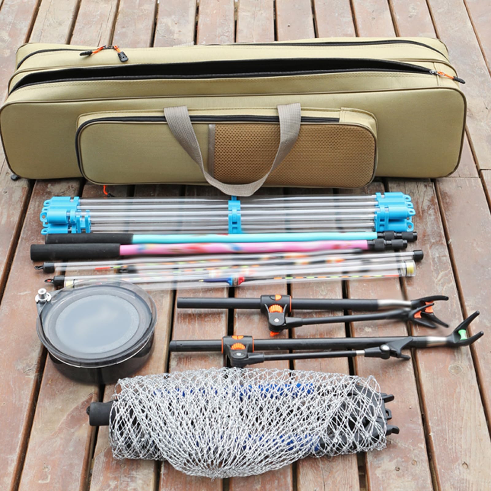 Borsa porta canna da pesca, borsa a 2 strati per pesca all'aperto, organizer multifunzionale per attrezzi da pesca, grande capacità, Beige e giallo , 80*19*18cm