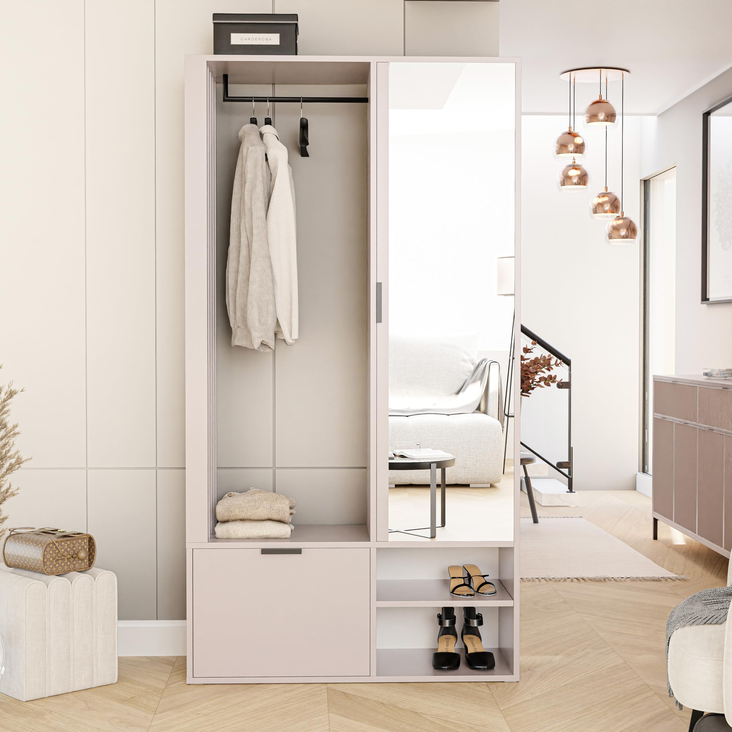 GREKPOL Garderobe Set mit Spiegel 100x33x190 cm Cashmere Garderobenschrank Flur mit Regalböden und Kleiderhaken