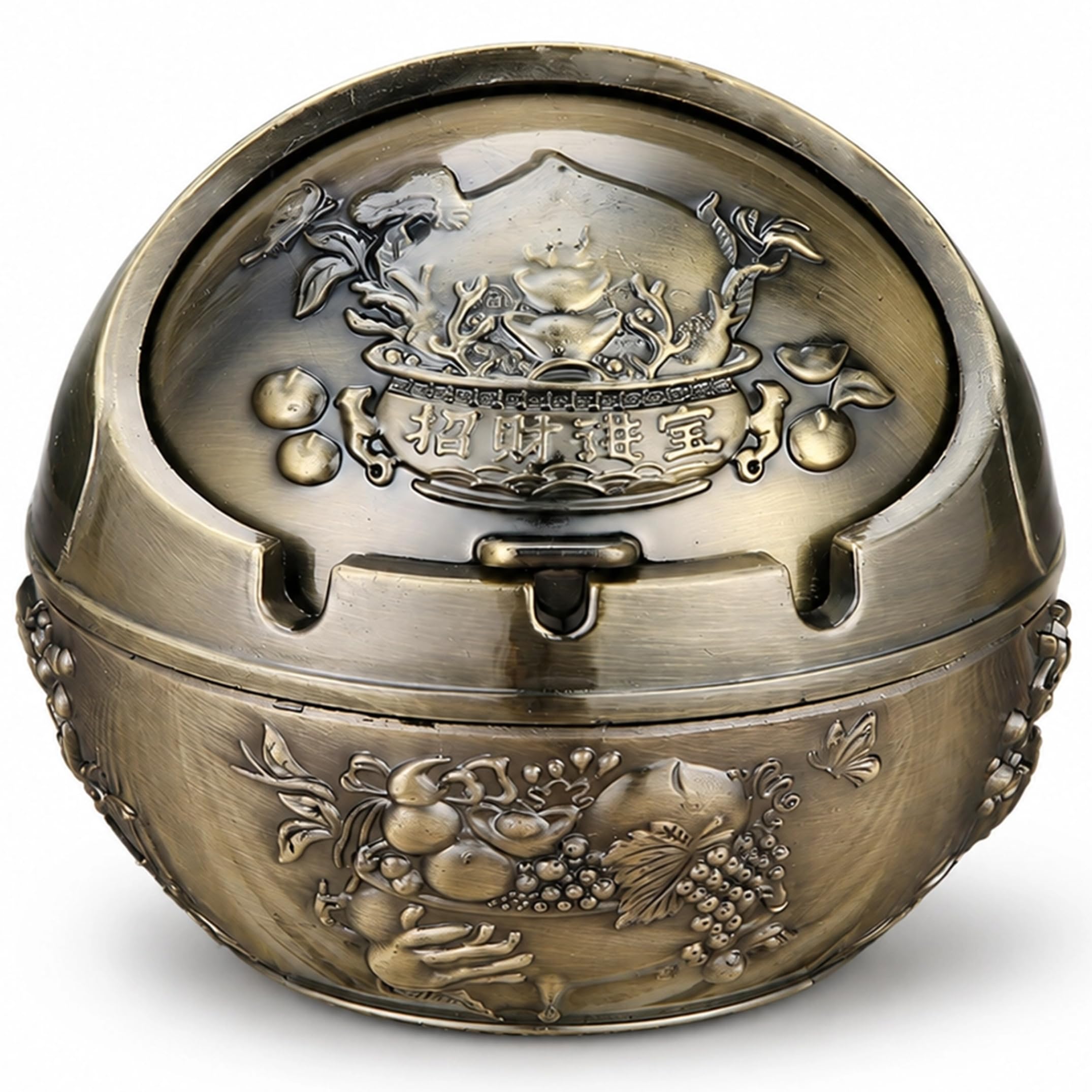 Tsawntd Ashtray Funny, Small Odorproof Ashtray with Lid Bronze Alloy Spherical Decor with Embossing for Living Room Office Outdoor, Wealth