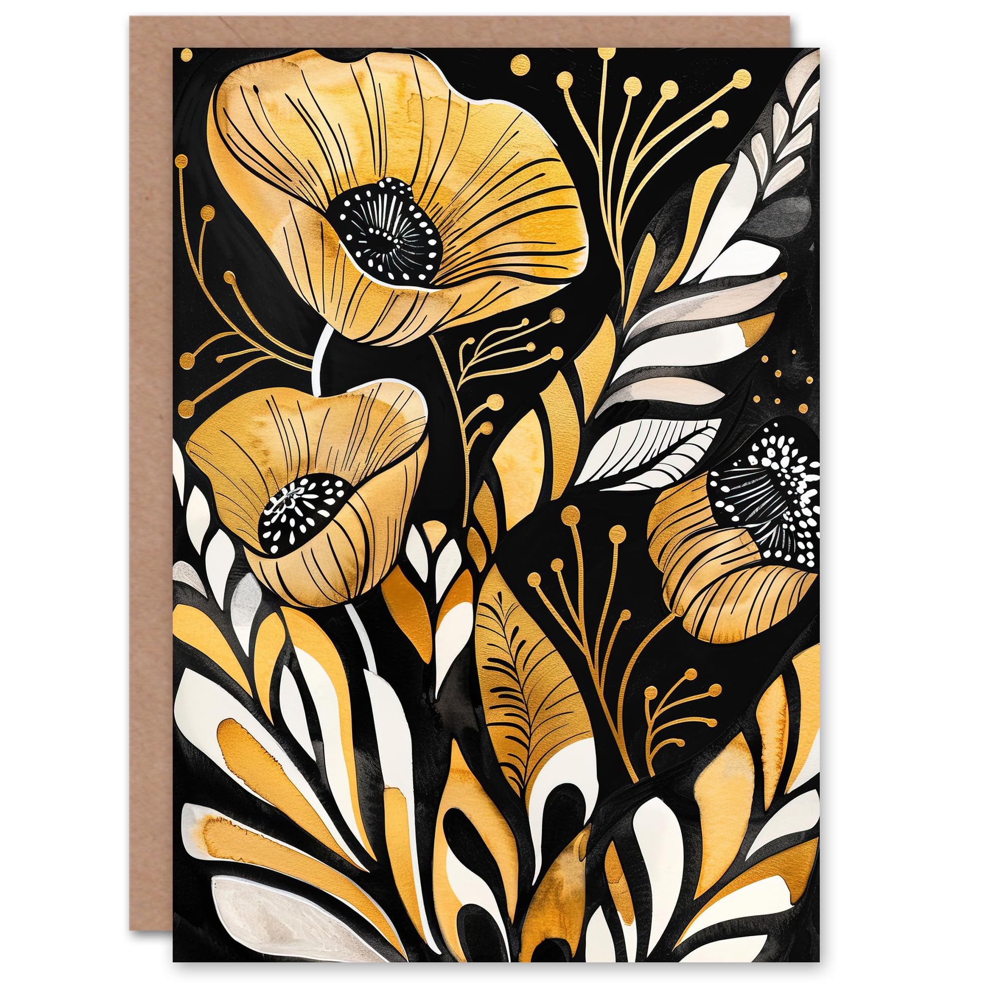 Artery8 Abstract Poppies Watercolour Greeting Card Gold Black Floral Birthday