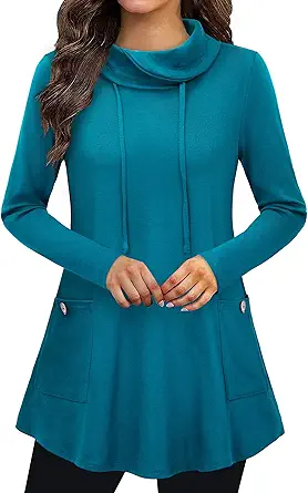 Bulotus Fall Sweaters for Women 2025 Cowl Neck Asymmetrical Long Tunics for Leggings Vacation Travel Tops with Pockets