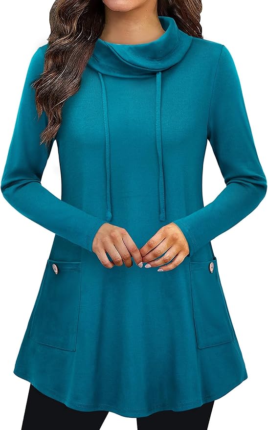 Bulotus Fall Sweaters for Women 2025 Cowl Neck Asymmetrical Long Tunics for Leggings Vacation Travel Tops with Pockets