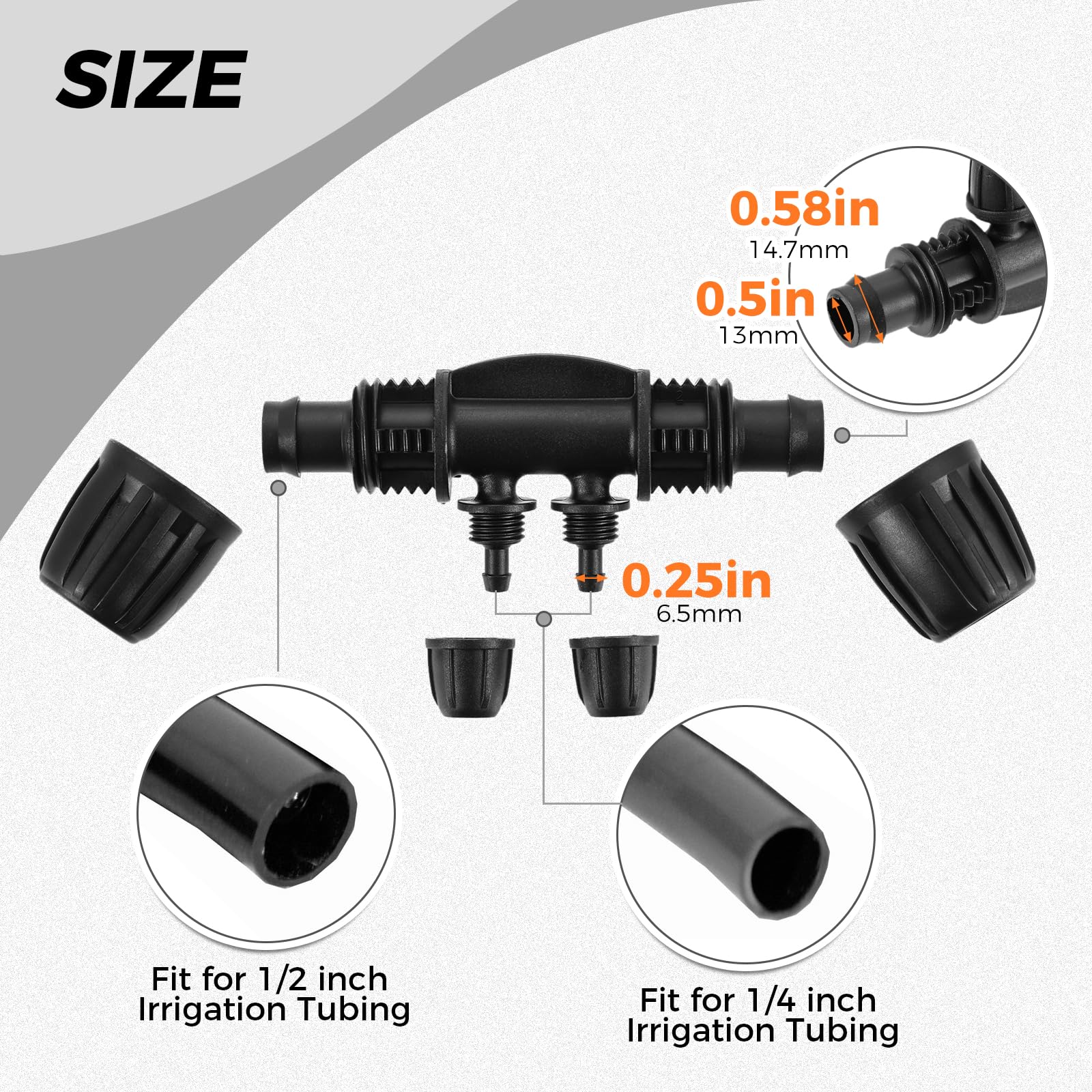 DRELD 20 raccordi a T spinati a 4 vie da 1/2" a 1/4" per tubi di irrigazione a goccia, raccordi per irrigazione a goccia, connettori a T spinati per tubi a goccia da 16 mm