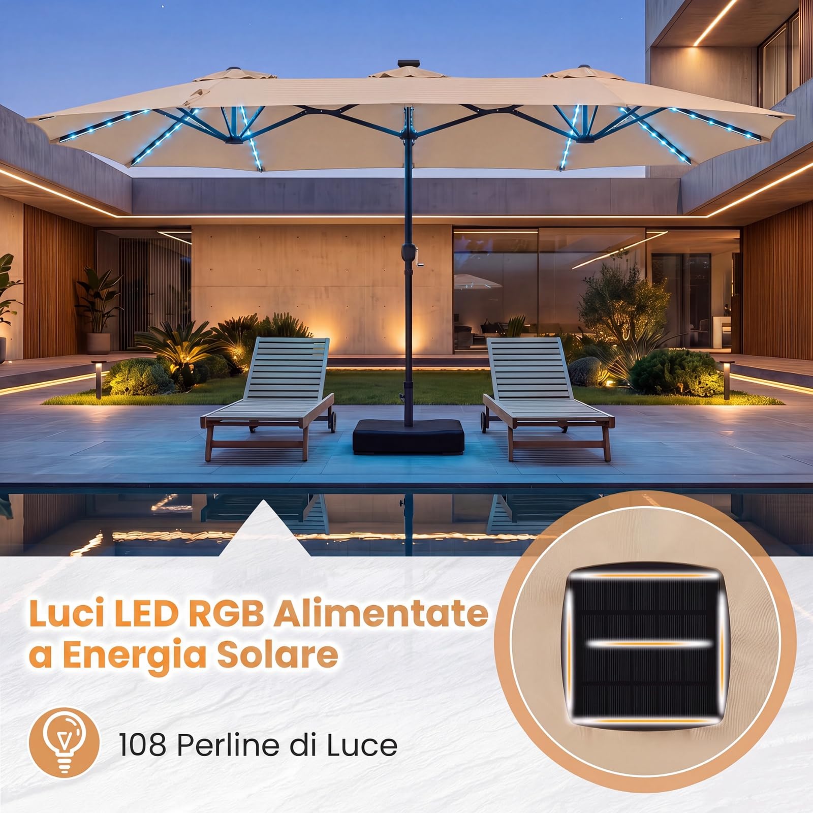 COSTWAY Ombrellone da Giardino Doppio 370 x 220 cm, con 12 Stecche, 108 Luci LED Solari, 12 Modalità, 3 Prese d'Aria, Manovella e Base, Anti-UV, per Spiaggia, Piscina e Cortile