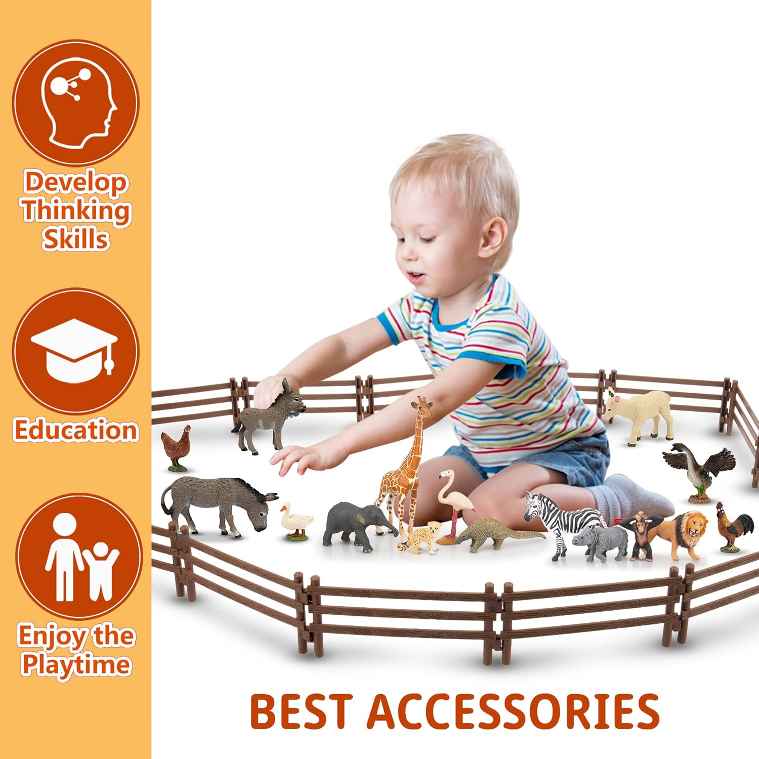 Toymany 24PCS Plastic Corral Fencing Playset Accessories for Farm Animals Figurines, Cake Toppers - Educational Gift for Kids and Toddlers