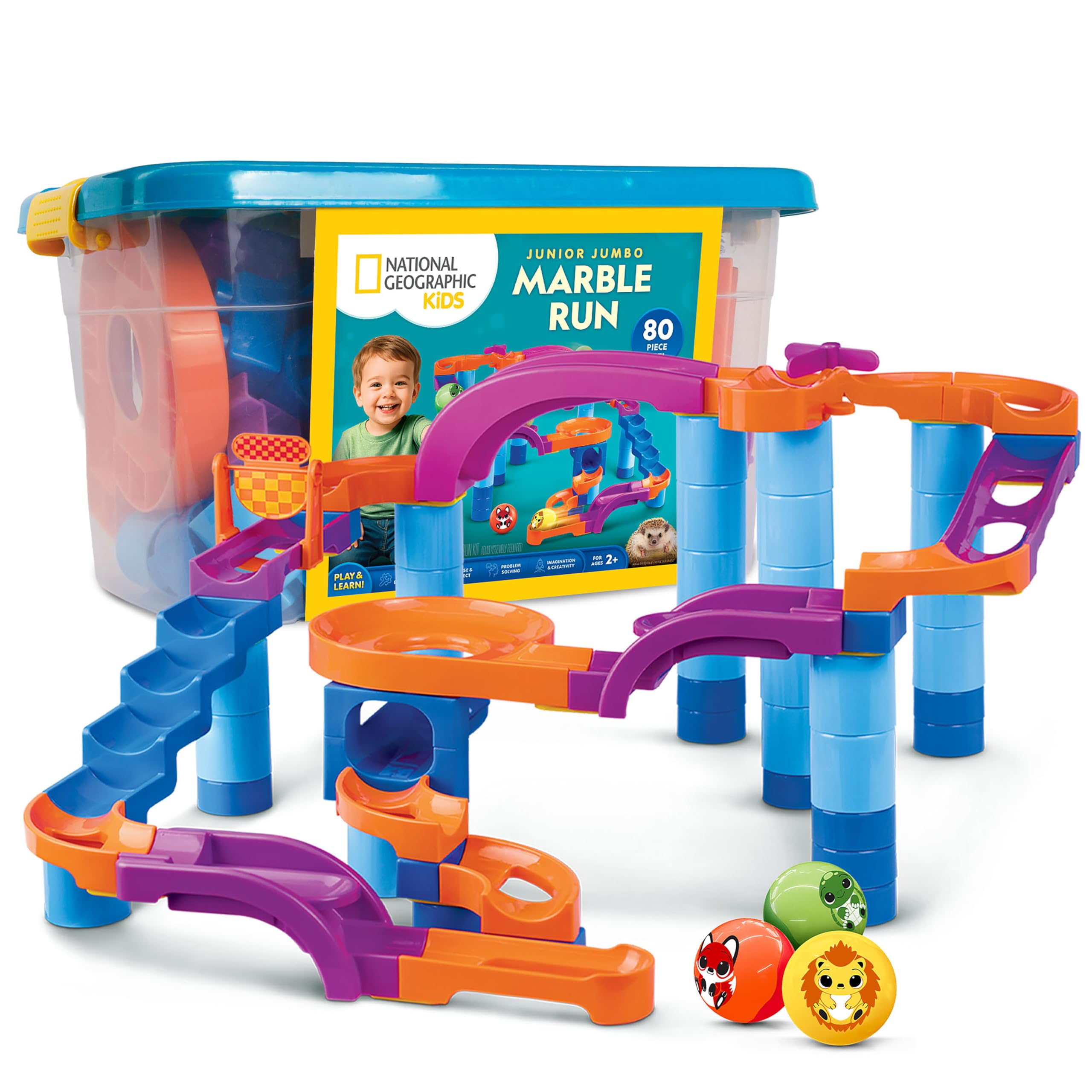 National Geographic Kids Junior Jumbo Marble Run – 80-Piece Ball Drop Toy with Storage Bin, Kid-Safe Balls & Buildable Marble Run Maze for Toddlers & Preschoolers Ages 2+-image-17