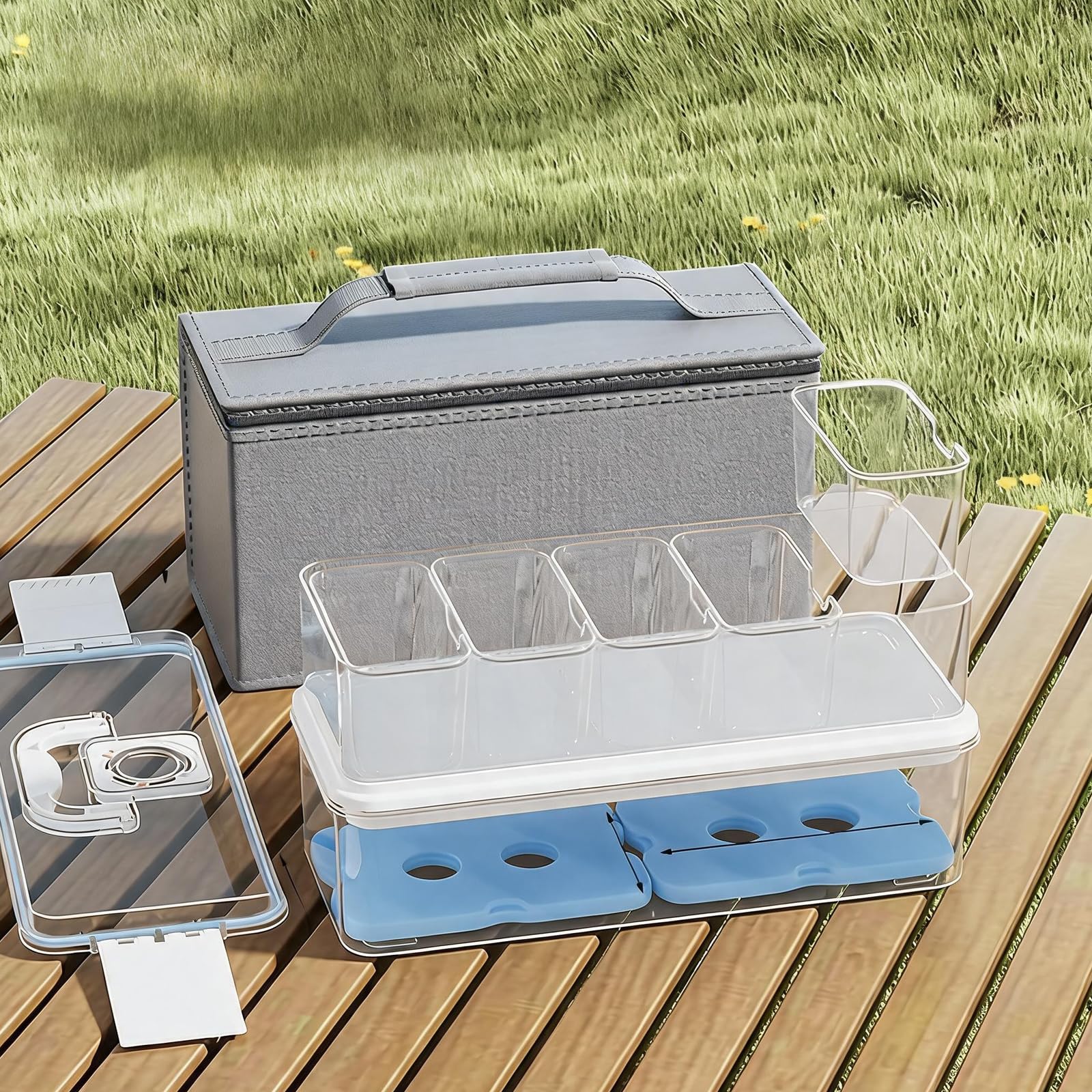 Juego de cajas de almacenamiento de alimentos para refrigerador del hogar con divisores transparentes, bolsa de transporte e insertos de enfriamiento para preparar almuerzo y clasificar la bolsa
