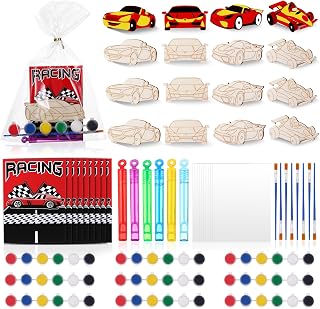 24 Pcs Race Car Party Favors Race Car Wooden Painting Craft Kit, Racing Party Supplies with Brush Paint& Figure for Hot Wheels Decoration Birthday Gift Decor Bulk