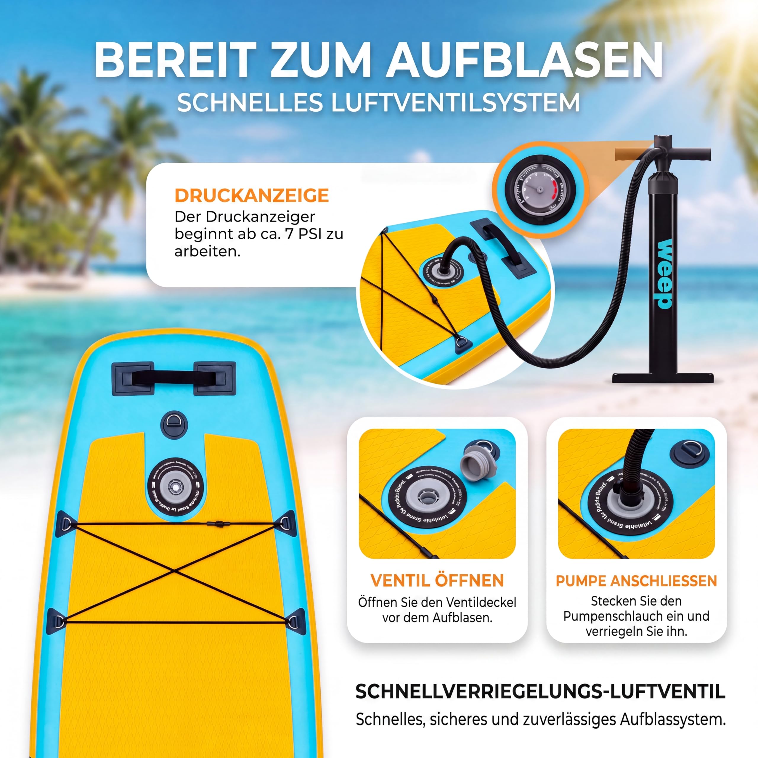 weep Stand Up Padding Board aufblasbar 365cm & 350cm & 320cm, SUP Board - mit 2in1 Aluminium Paddel, Pumpe, Rucksack, Leash, 3 Finnen, stabiles Paddle Board Komplettset - für Touring, Yoga & Freizeit