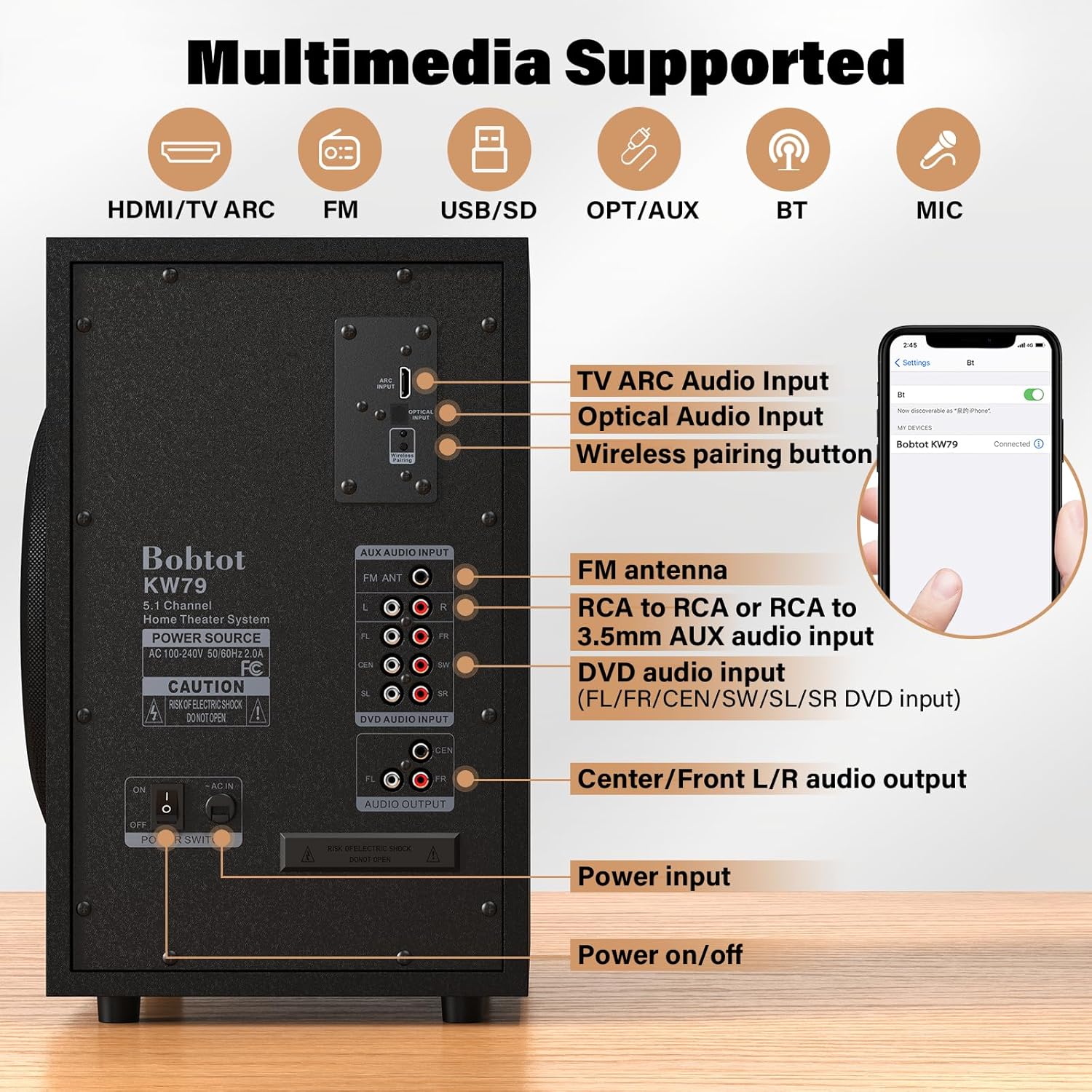 Terperinci view of the subwoofer's rear panel showing all multimedia input ports including TV ARC, Optical, AUX, DVD, and FM antenna.