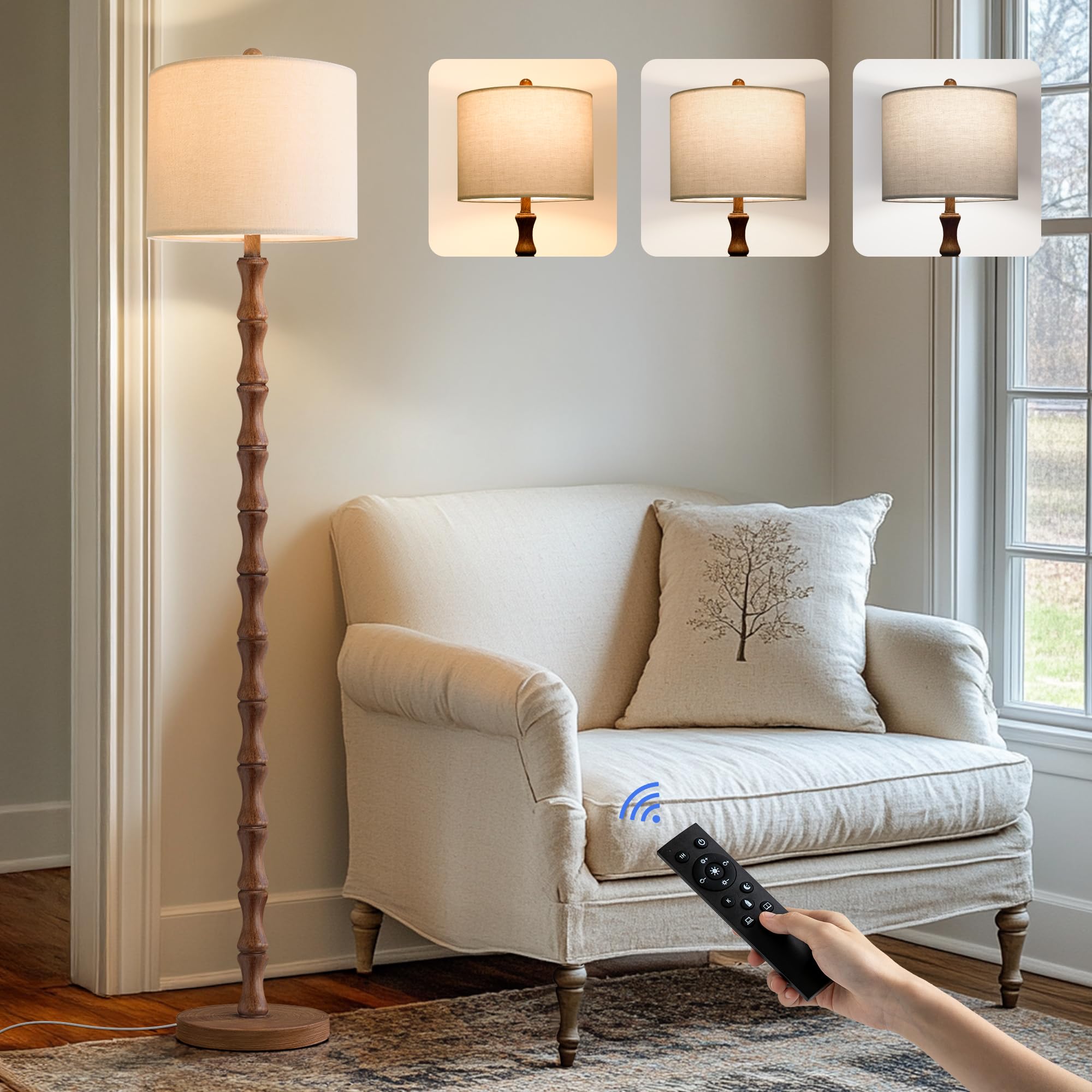 Photo 1 of BOBOMOMO 62" Rustic Farmhouse Floor Lamp with Remote & Dimmable 9W Bulb, 3 Color Temperatures Tall Resin Standing Lamp, Retro Floor Lamp for Living Room, Bedroom, Office, Nursery, Reading Nock