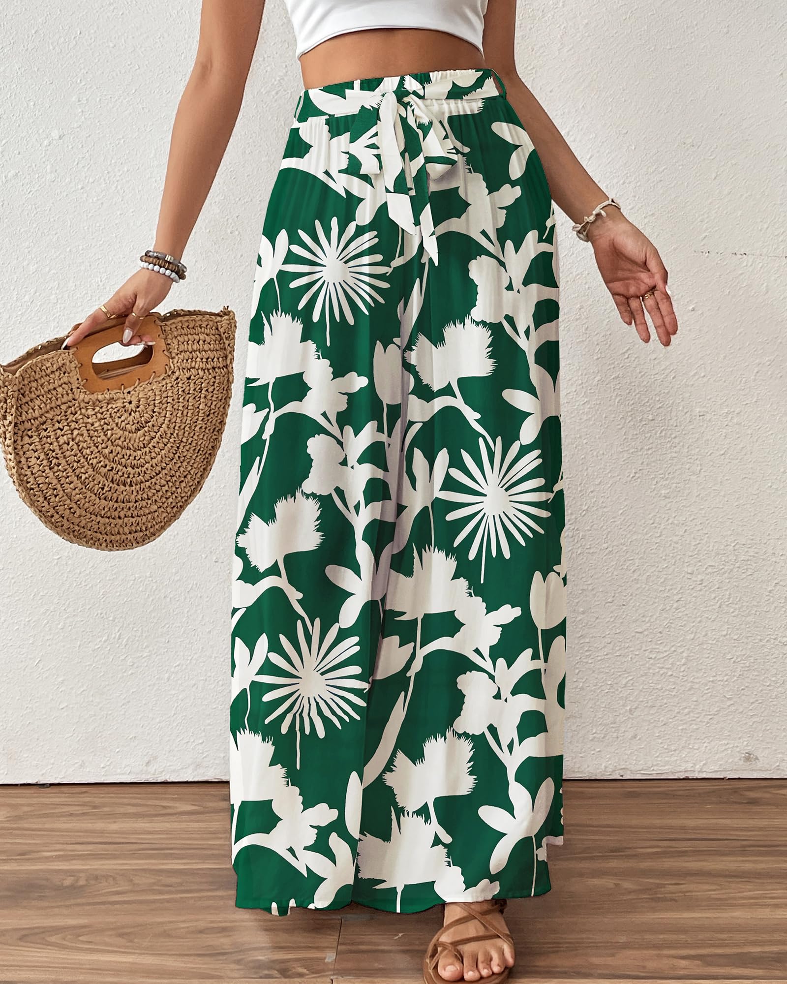 Bsubseach Pantalon à jambes larges pour femme - Pantalon palazzo floral fluide pour femme - Taille haute - Pantalon d'été décontracté - Tenues de croisière | Viscose, légère et douce, poches latérales, taille haute, cravate réglable, tenue de croisière d'