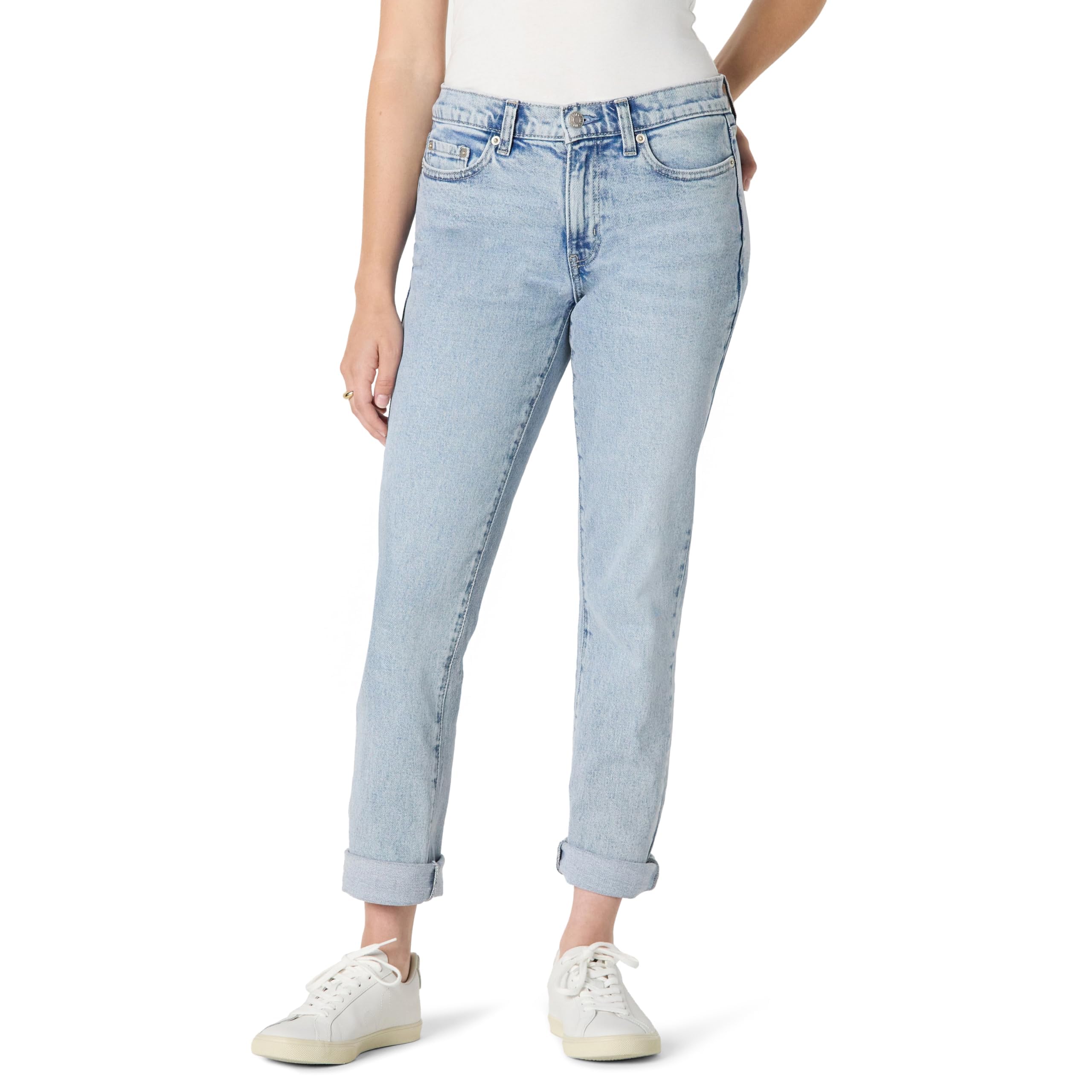 Amazon Essentials Damen Boyfriend-Crop-Jeans mit Geringem Stretchanteil zum Umschlagen und Mittelhohem Bund, 66,0cm Beininnenlänge