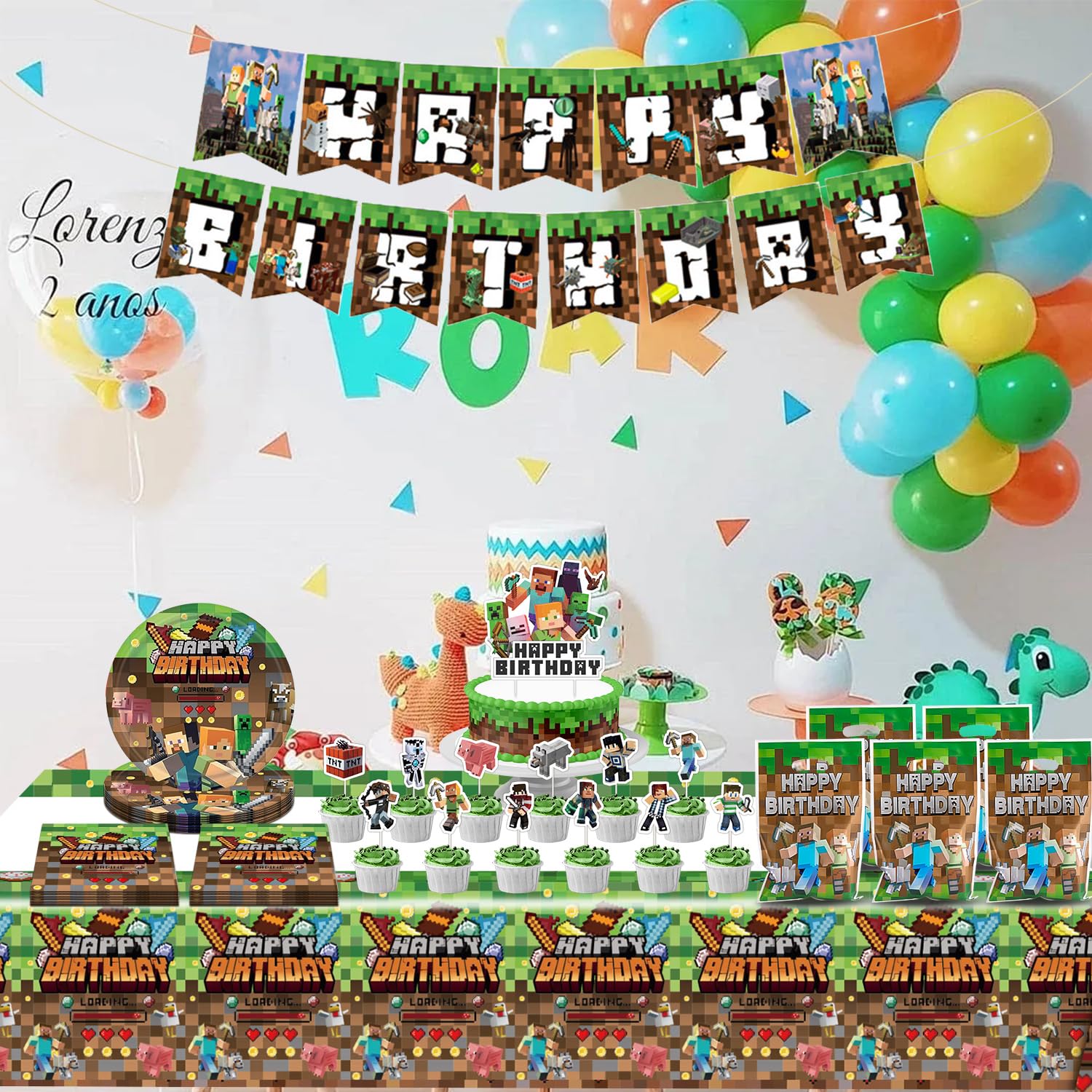 Kit Decorazioni Compleanno A Tema Videogioco - Sfondo 150x100 Cm E Tovaglia, Stile Pixel