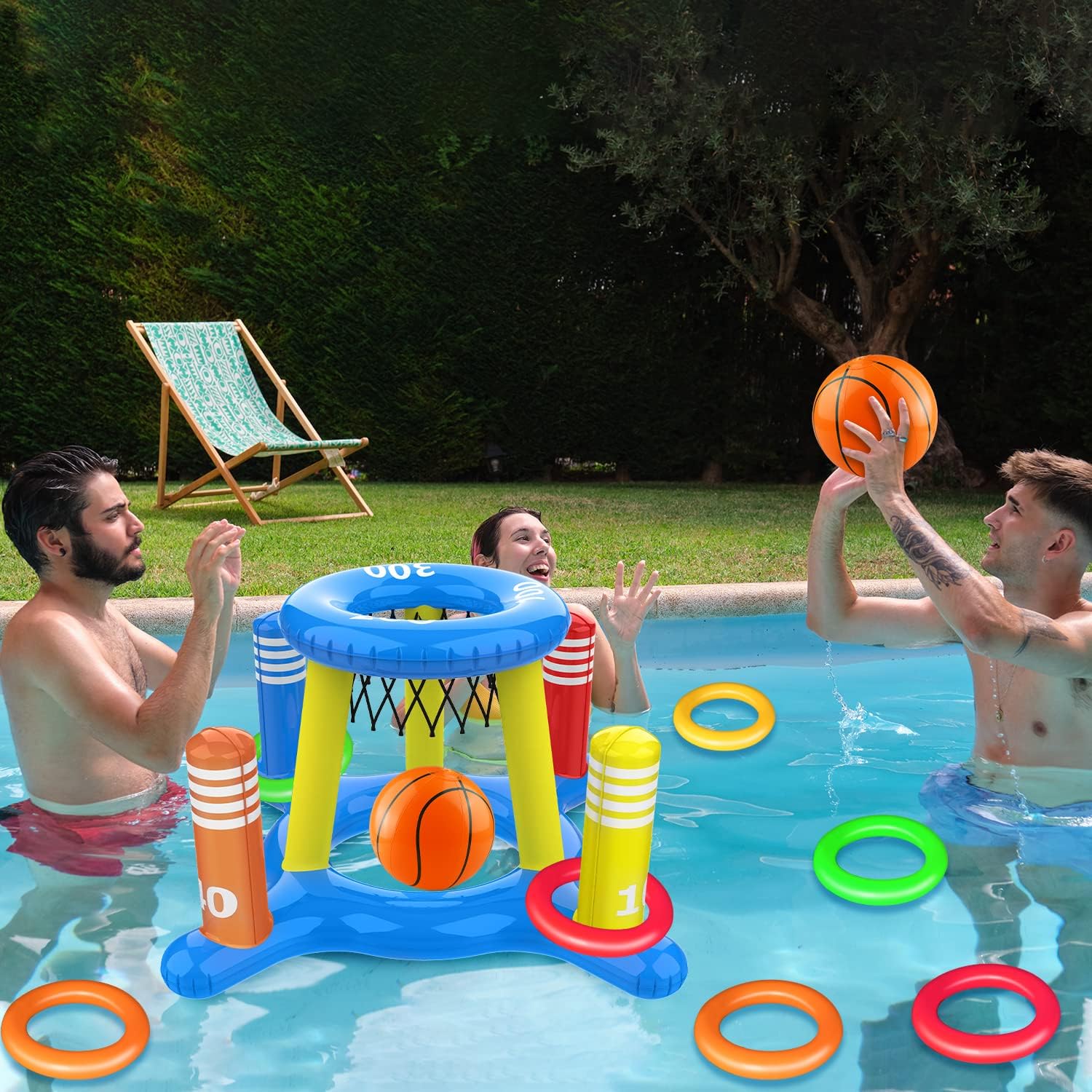 Jeux Piscine Gonflable 2 en 1, Panier de Basket Flottant et Lancer D'anneaux, Journée D'été Jeu Piscine de Fête en Extérieur pour Enfants Adultes, Bleu, PVC, 12 Pièces, 12 Count