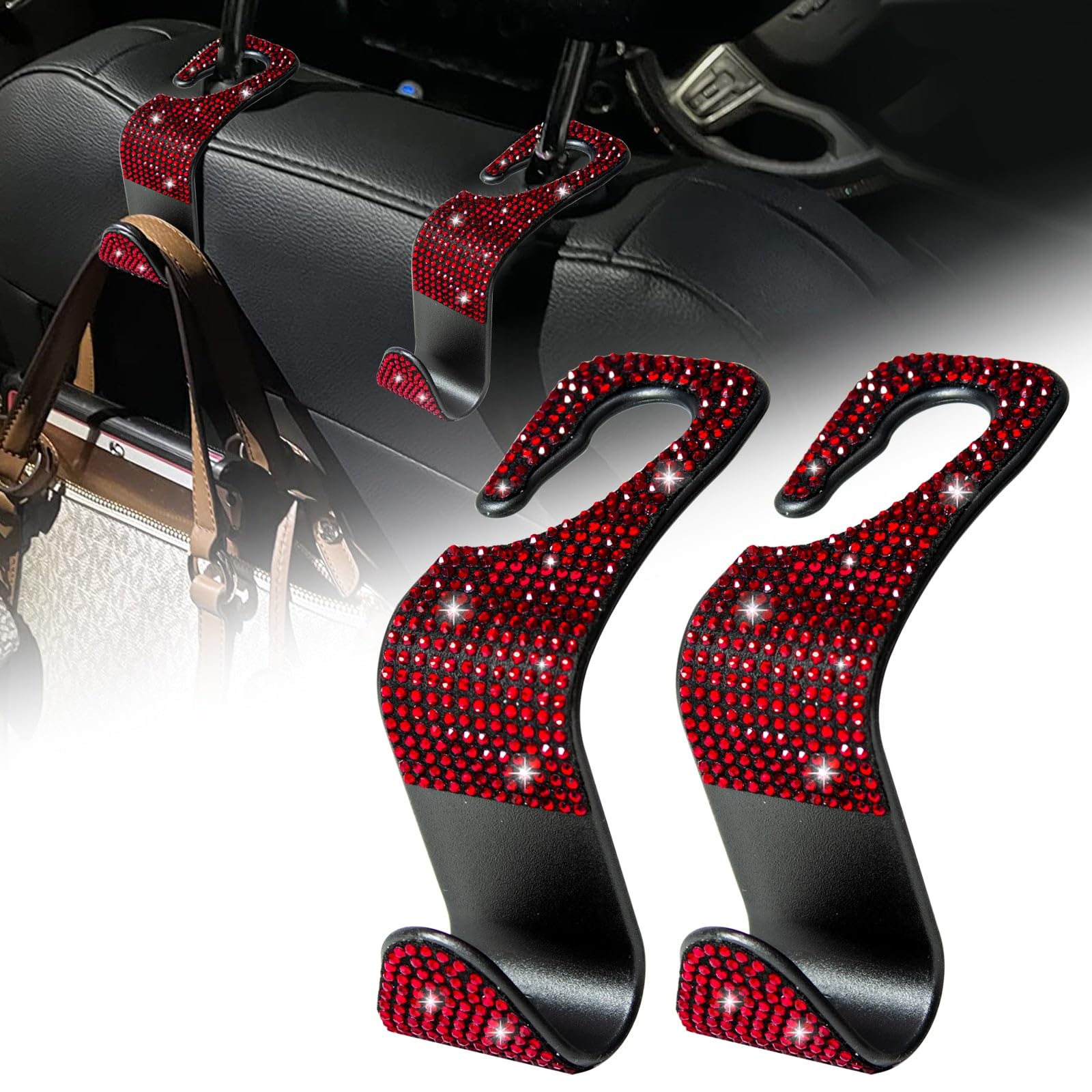 x xotic tech2pcs Car Headrest Hooks, Bling Rhinestone Seat Back Organizers Strong and Durable Backseat Hanger Storage, Crystal Purse Bag Holder Universal for SUV Truck Vehicle (Red)