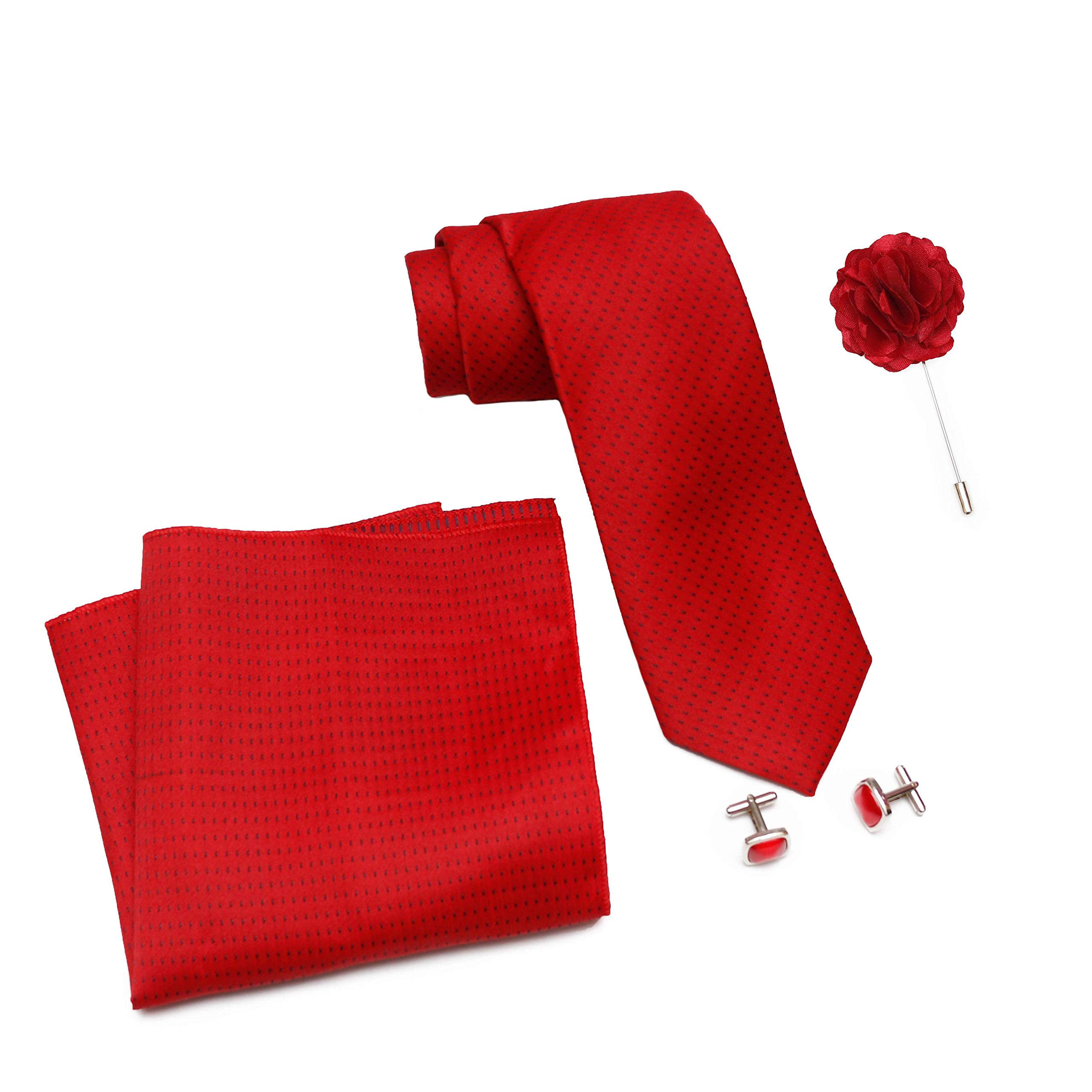 Men Formal/Casual Weaved Polyester Neck Tie Pocket Square Accessory Gift Set with Cufflinks and Brooch Pin - Red (Free Size, ltr_816)-image-17