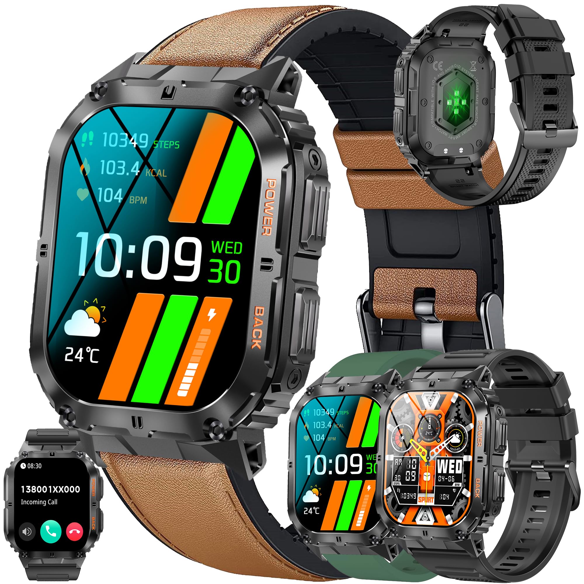 AMOLED smartwatch męski 1,96" z funkcją telefonu, wodoszczelność IP68, zegarek sportowy z 100+ trybami sportowymi, pomiar ciśnienia krwi, SpO2, tętno, krokomierz, wojskowy zegarek fitness do iOS