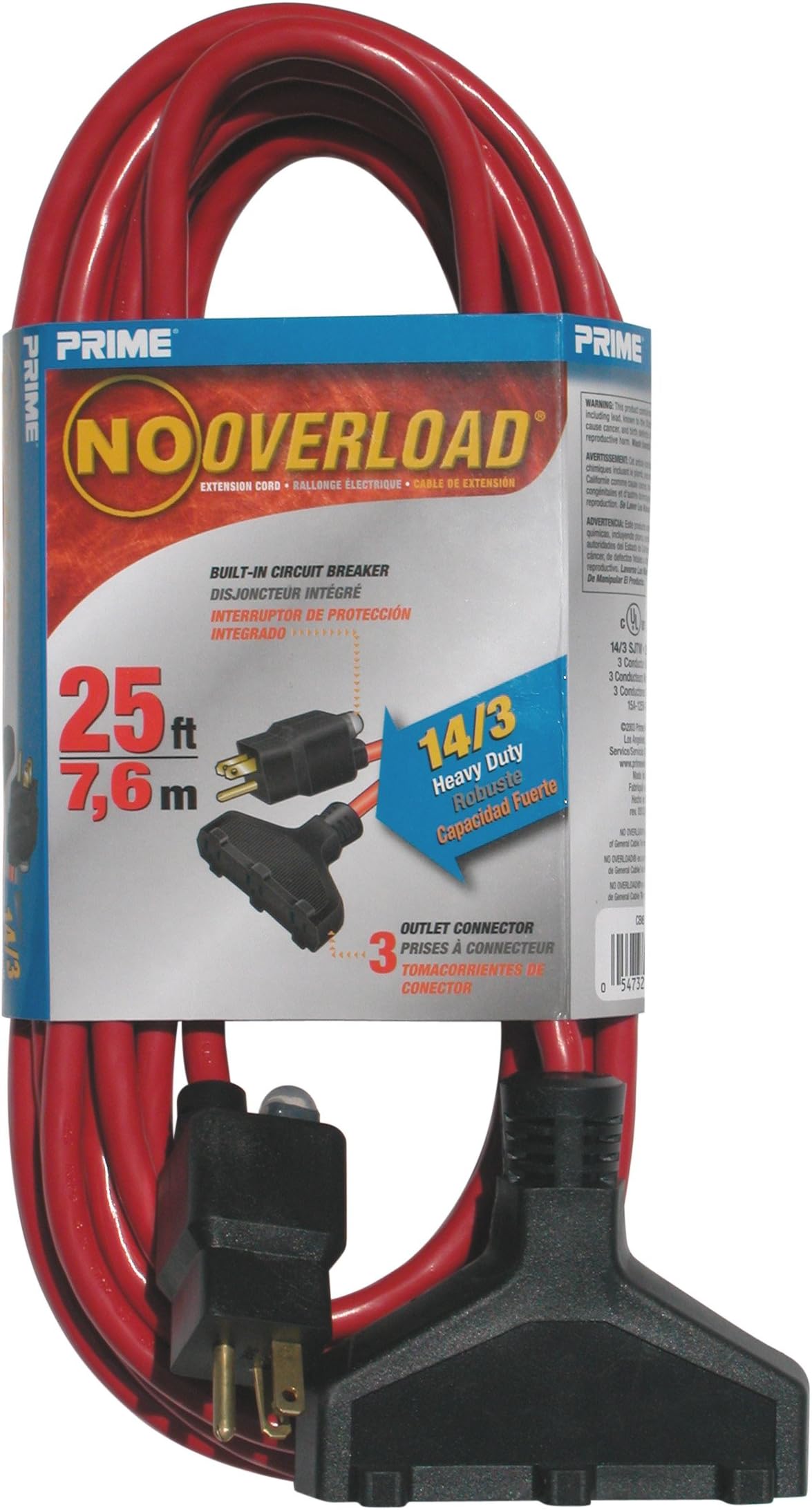 Prime Wire & Cable CB614725 Prime Wire and Cable No Overload Extension Cords, Outdoor, Triple Tap, Ft, 25 Feet