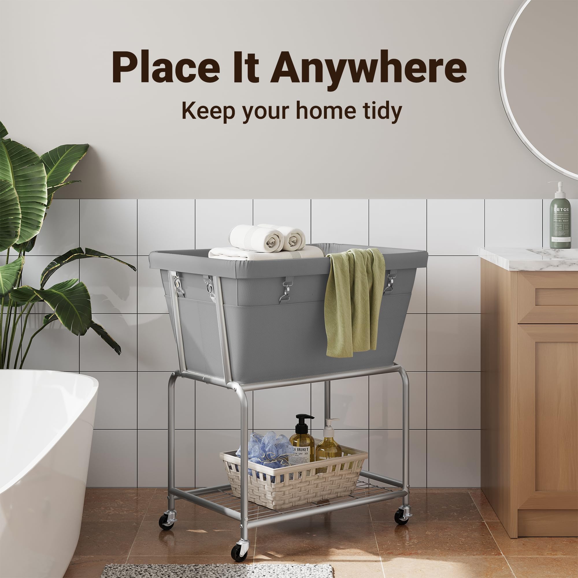 ELYKEN Cesto portabiancheria su ruote, cesto portabiancheria con ripiano in metallo resistente, 120 l, organizer per lavanderia, camera da letto, bagno ETHLC07G1