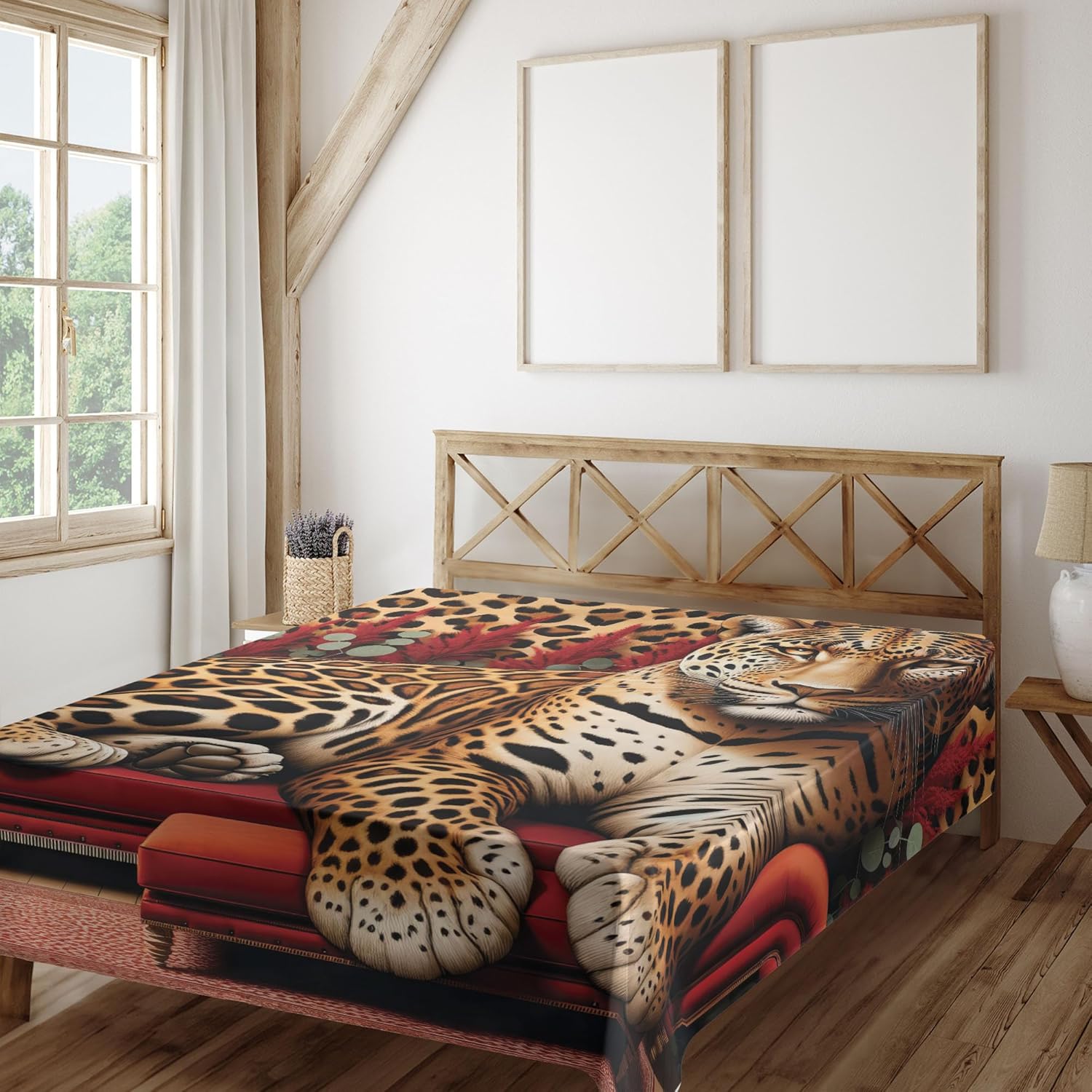 Ambesonne Leopard Flat Sheet, Bold and Wild Cat Lying Down in Sectional Sofa Front of Animal Print, Soft Comfortable Top Sheet Decorative Bedding 1 Piece, Queen Size, Red Apricot Dark Salmon