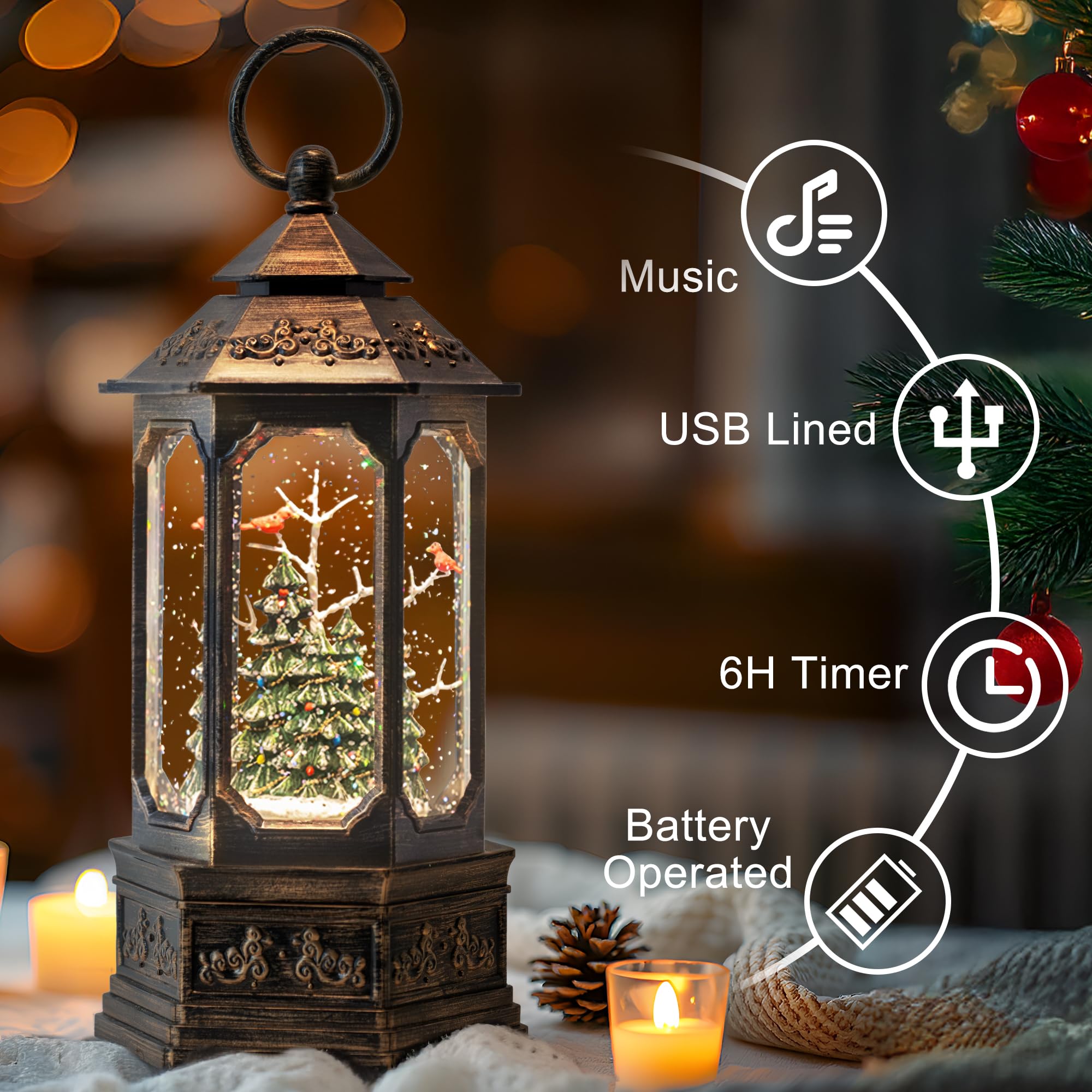 Linterna de Globo de Nieve de Navidad de 12 Pulgadas, Caja de música Hexagonal con Purpurina, Decoraciones alimentadas por USB y Pilas (cardenales en el Bosque Profundo)