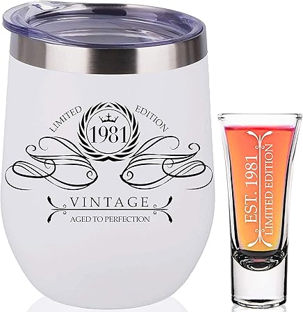 Amazon 1980 40歳の誕生日ギフト 女性用 男性用 40歳の誕生日デコレーションプレゼント 面白いプレゼントアイデア Her Him Wife Mom お父さん 夫 ホワイトワインタンブラー ステンレススチール ショットグラス 40周年記念 Paris Products Co ショット