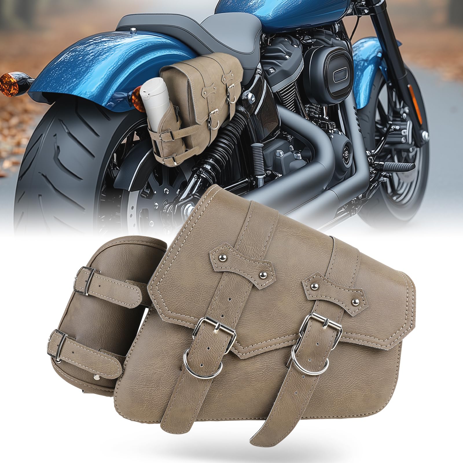 DREAMIZER Borse Moto Laterali in Pelle Sintetica Borsa da Sella Universale con tasca per Borraccia Accessori per Moto Impermeabili Compatibile con Harley Honda Kawasaki Suzuki Yamaha
