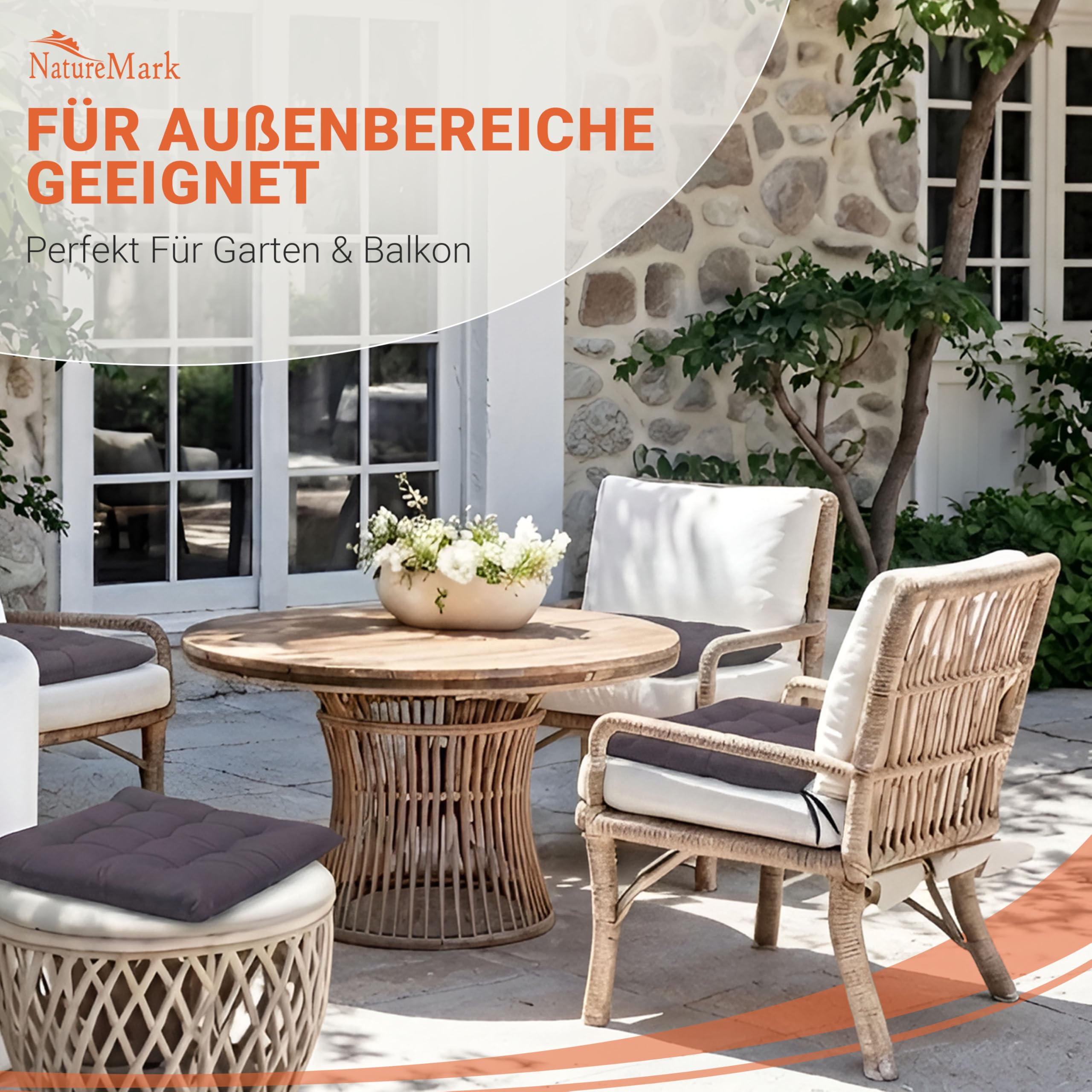 NatureMark 4er Set Stuhlkissen mit Bändern 40x40 cm – Gefüllte Sitzkissen, Outdoor & Indoor – Anthrazit Grau