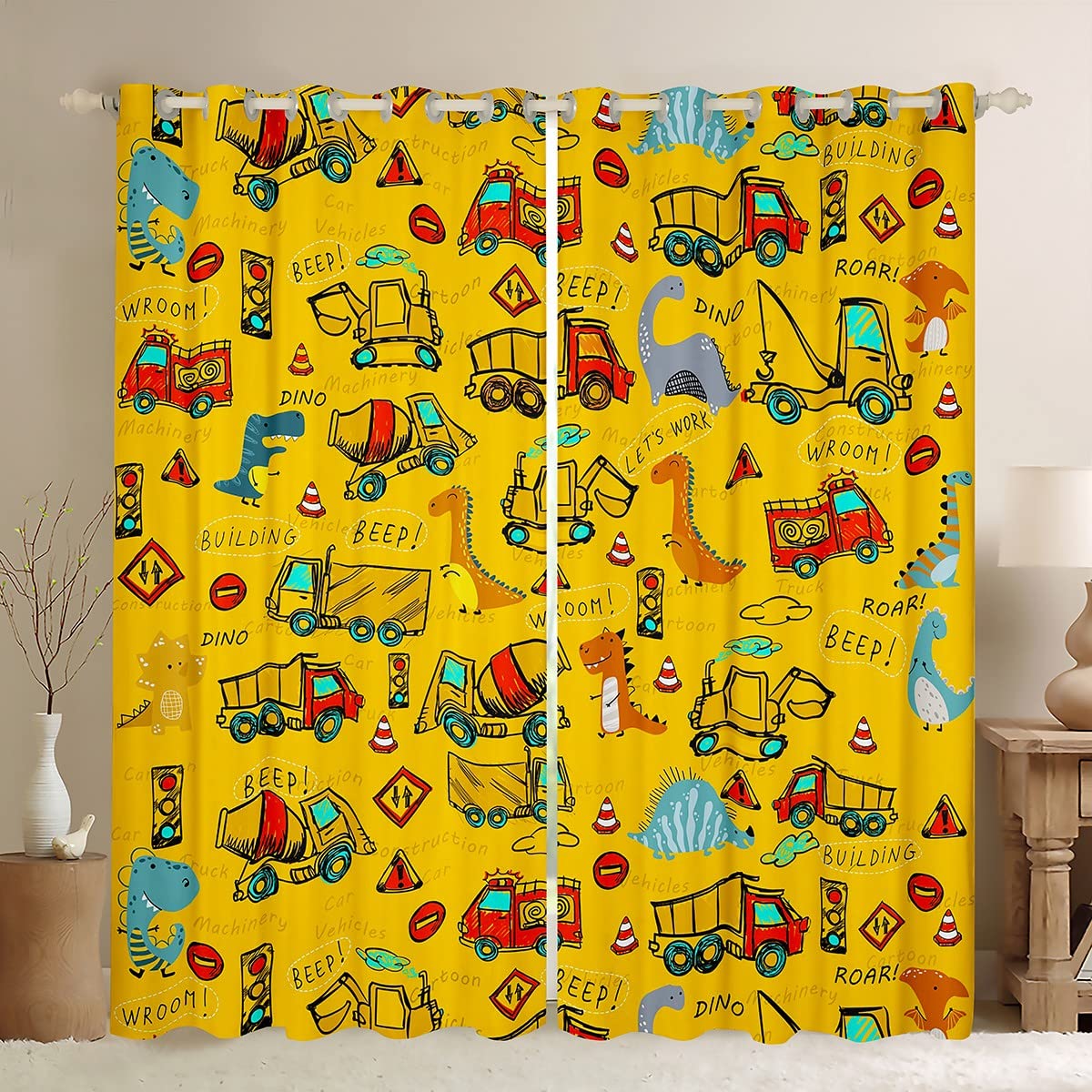 Loussiesd Dinosaur Darkening Curtain Kids Cute Dino Construction Blackout Curtain(30-50%) Equipment Trucks Excavator Curtains Dinosaurs Machinery Cars Window Drapes Yellow W52*L90