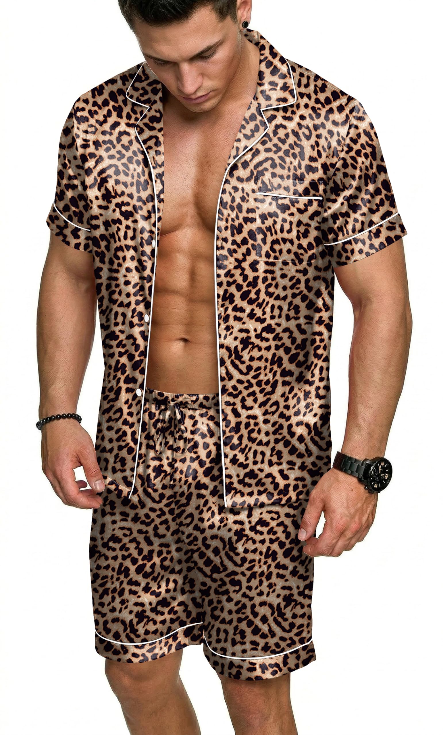Ekouaer Mens Silk Satin Pajamas Set, Short Sleeve Sleepwear Lightweight Button Up Lounge Pjs Set with Pockets S-4XL — view 11
