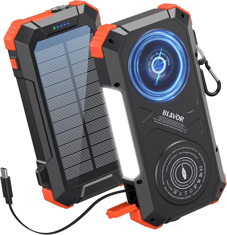 BLAVOR Solar Charger Power Bank Built-in Retractable USB-C Cable, 20000mAh Wireless Magnetic Portable Charger with Camping Light, Flashlight, 20W Fast Charging Battery Pack for Outdoor Camping Hiking