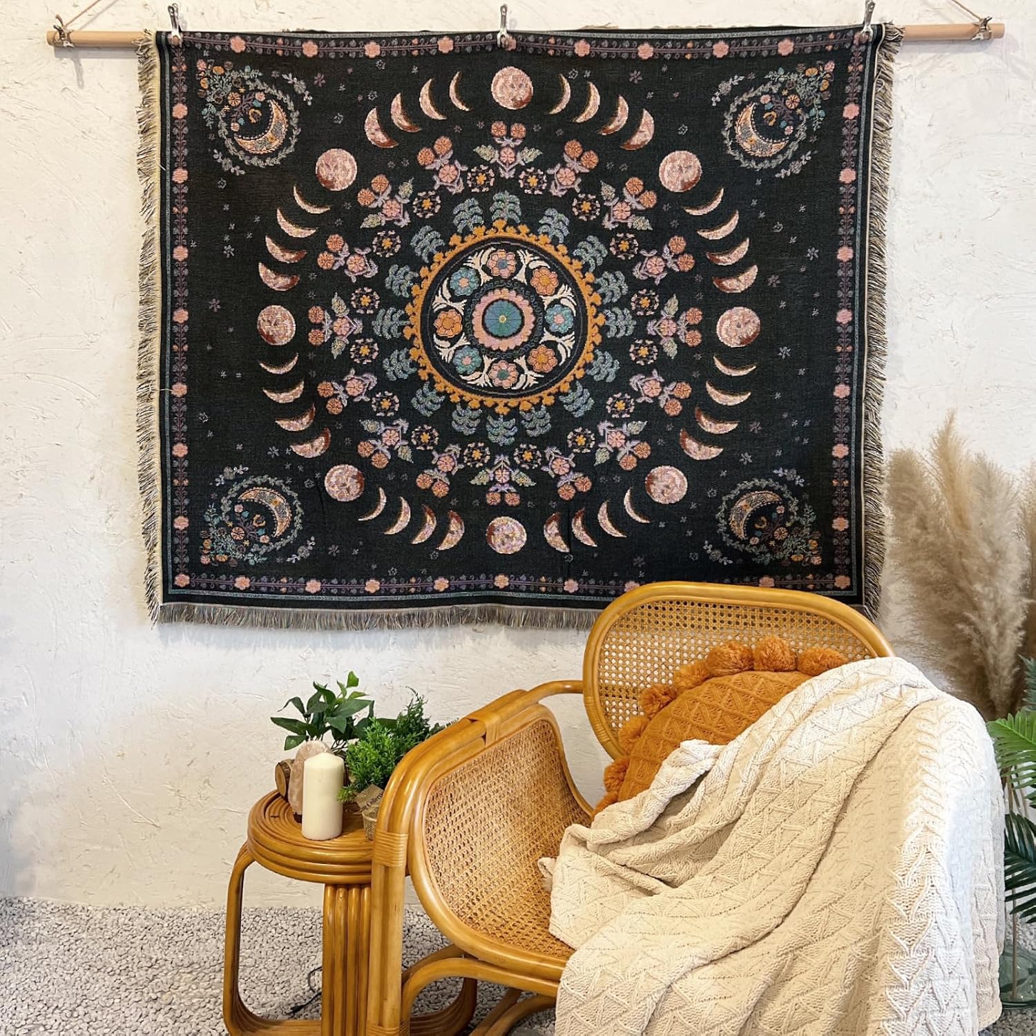 Boho Throw Blanket Reversible Cotton Bohemian Tapestry Hippie Room Decor Double Sided (Lunar Eclipse Black 50"x60") - Image 4