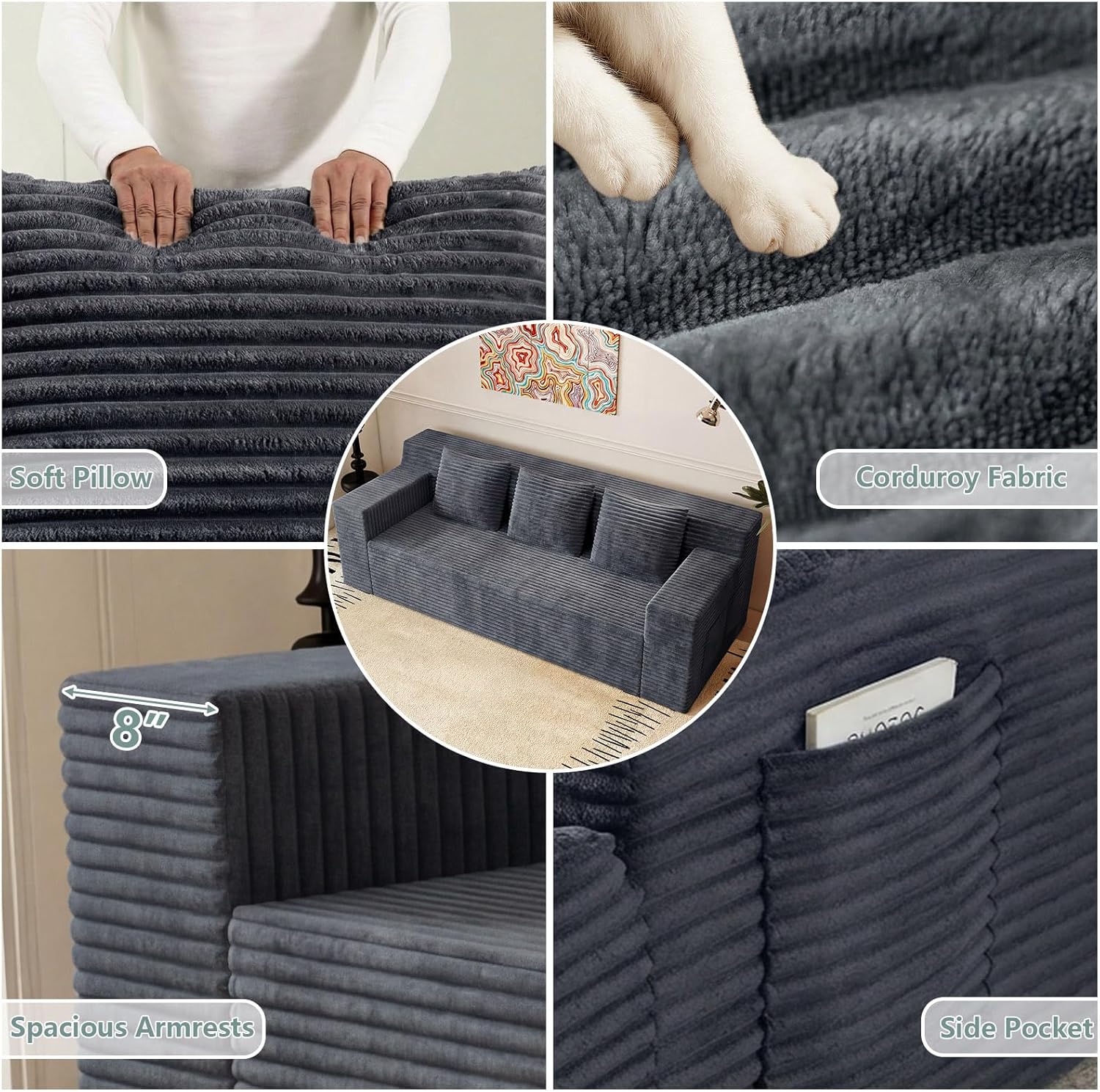 71" Cloud Loveseat Sofa,Boneless Deep Seat 2-Seater with 3 Pillows&Side Pocket,No Assembly Foam Floor Couch,Plush Corduroy Living Room Sofa for Small Space Apartment(Flat Handrail,Dark Grey)